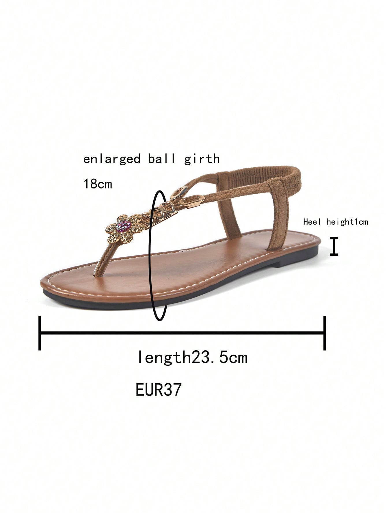 Women's brown flat thong sandals with a toe-post T-strap silhouette, rhinestone metal decoration, and an elastic ankle strap for casual outdoor summer wear.