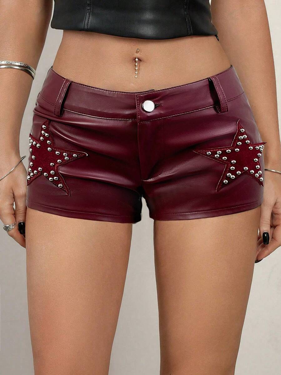 Women's Y2K low rise PU leather hot pants with star rivet details, zipper fly, button closure, and mini skinny fit
