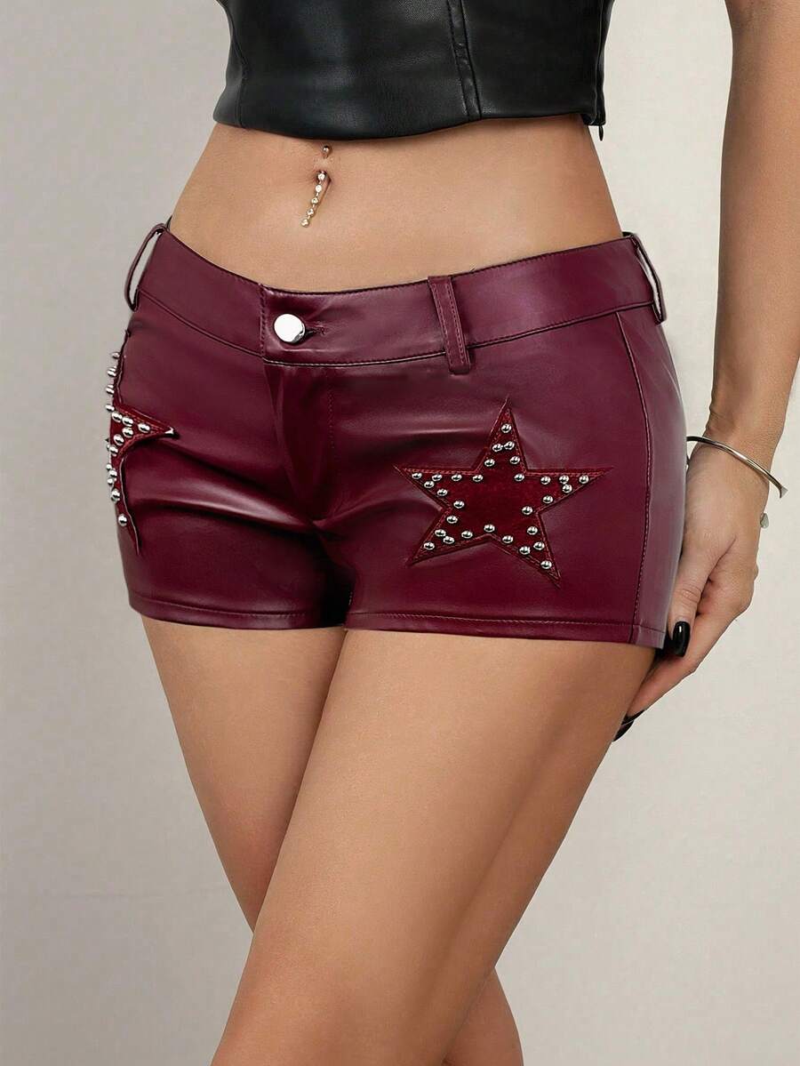 Women's Y2K low rise PU leather hot pants with star rivet details, zipper fly, button closure, and mini skinny fit