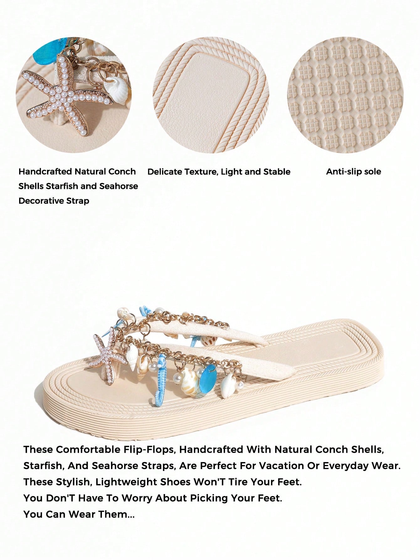 Handmade women’s beach flip flop sandals with shell and starfish rhinestone decorated woven straps, flat thong style, and lightweight non-slip sole.