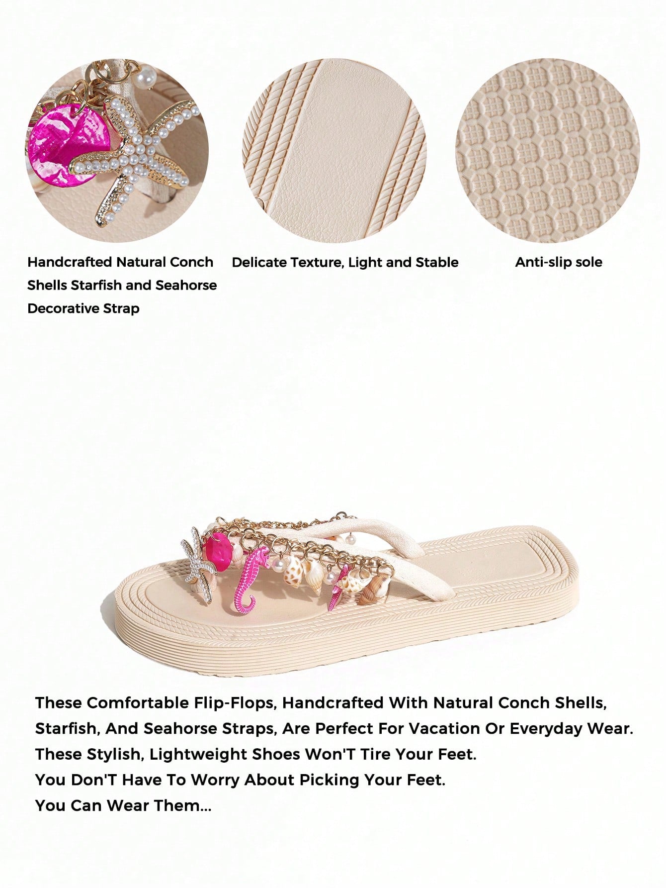 Handmade women’s beach flip flop sandals with shell and starfish rhinestone decorated woven straps, flat thong style, and lightweight non-slip sole.