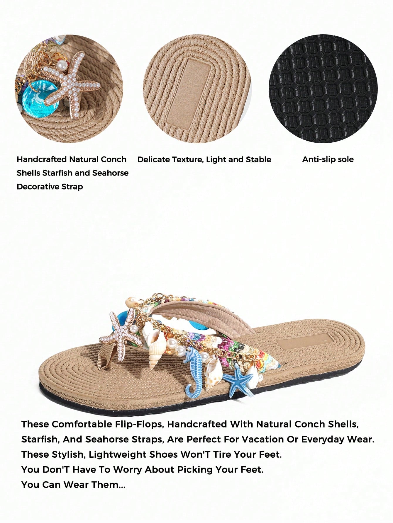 Handmade women’s beach flip flop sandals with shell and starfish rhinestone decorated woven straps, flat thong style, and lightweight non-slip sole.