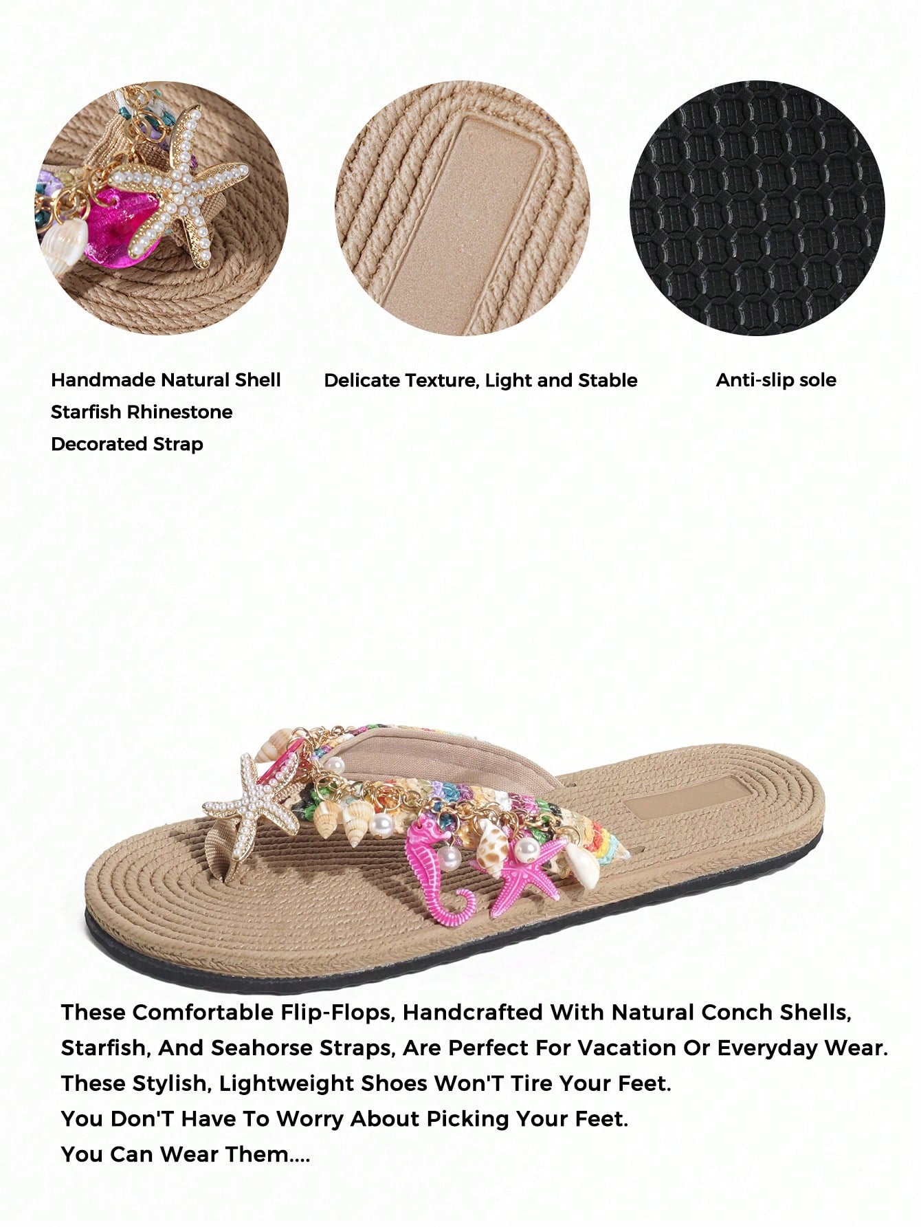 Handmade women’s beach flip flop sandals with shell and starfish rhinestone decorated woven straps, flat thong style, and lightweight non-slip sole.