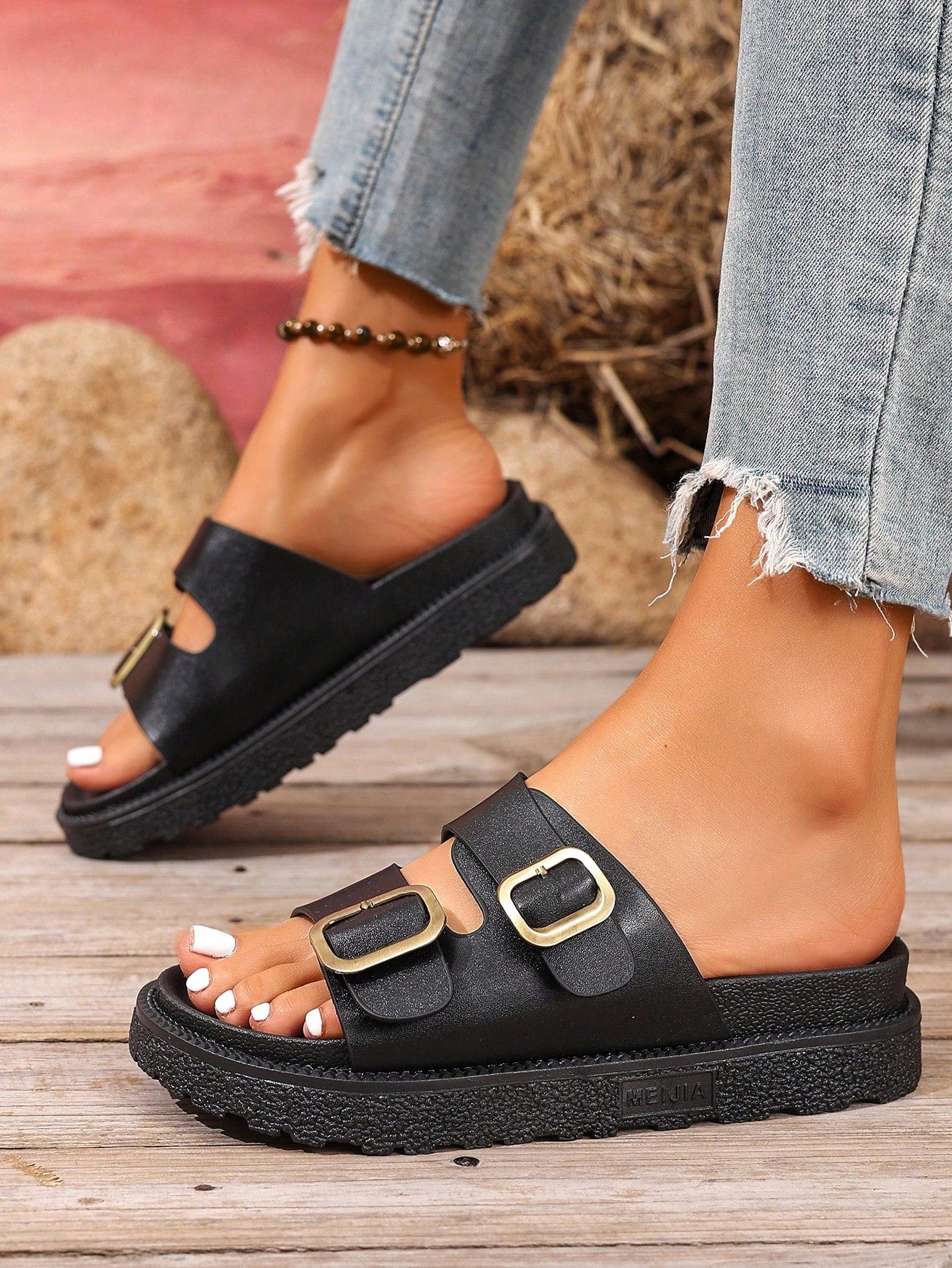 Plus size women's wedge platform slide sandals with open toe, buckle detail, and low heel slip-on design.