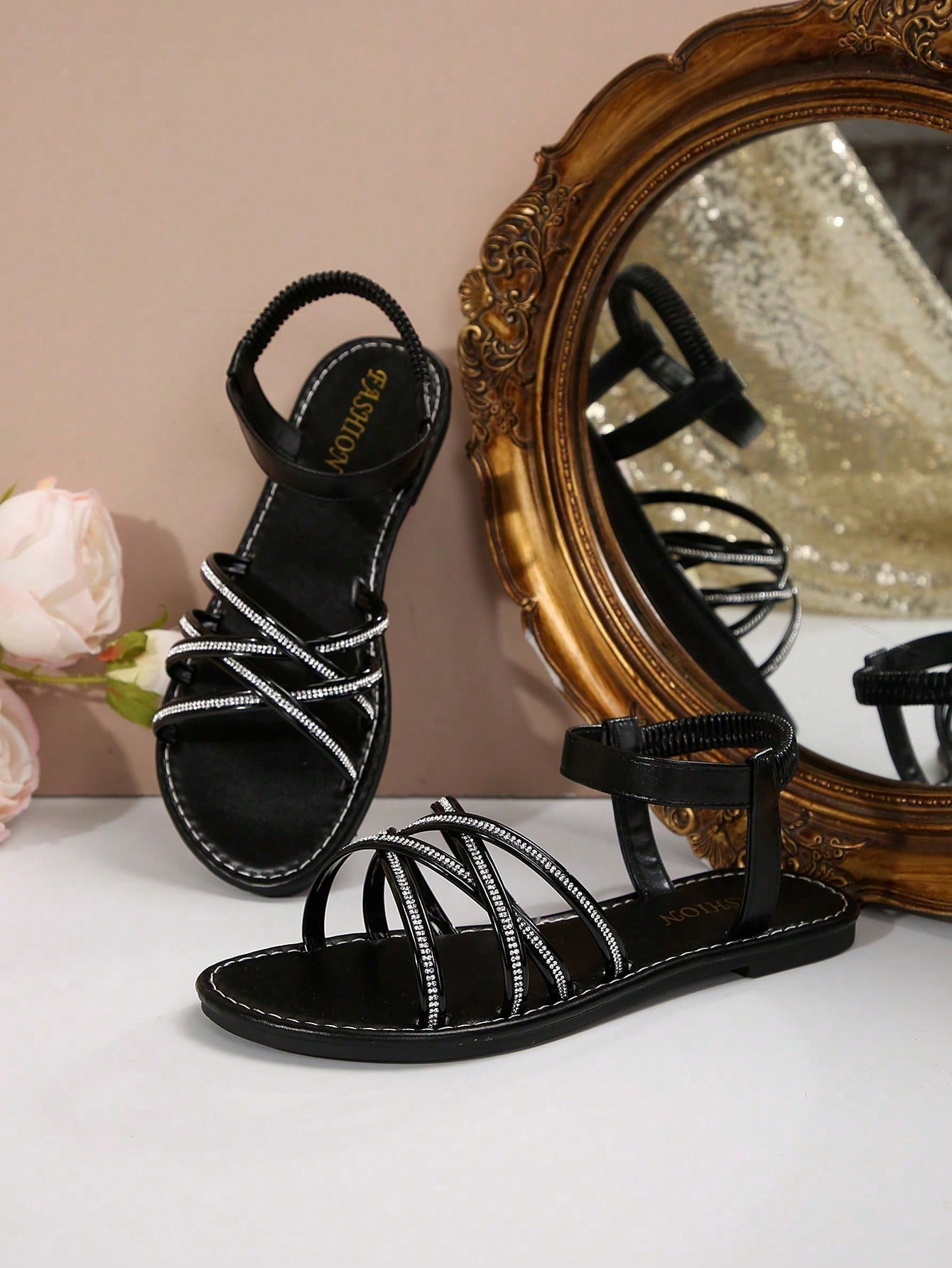 Plus size women's flat slide sandals with criss-cross straps, open toe, elastic band, and rhinestone detail, suitable for casual beach, vacation, and summer outdoor wear.