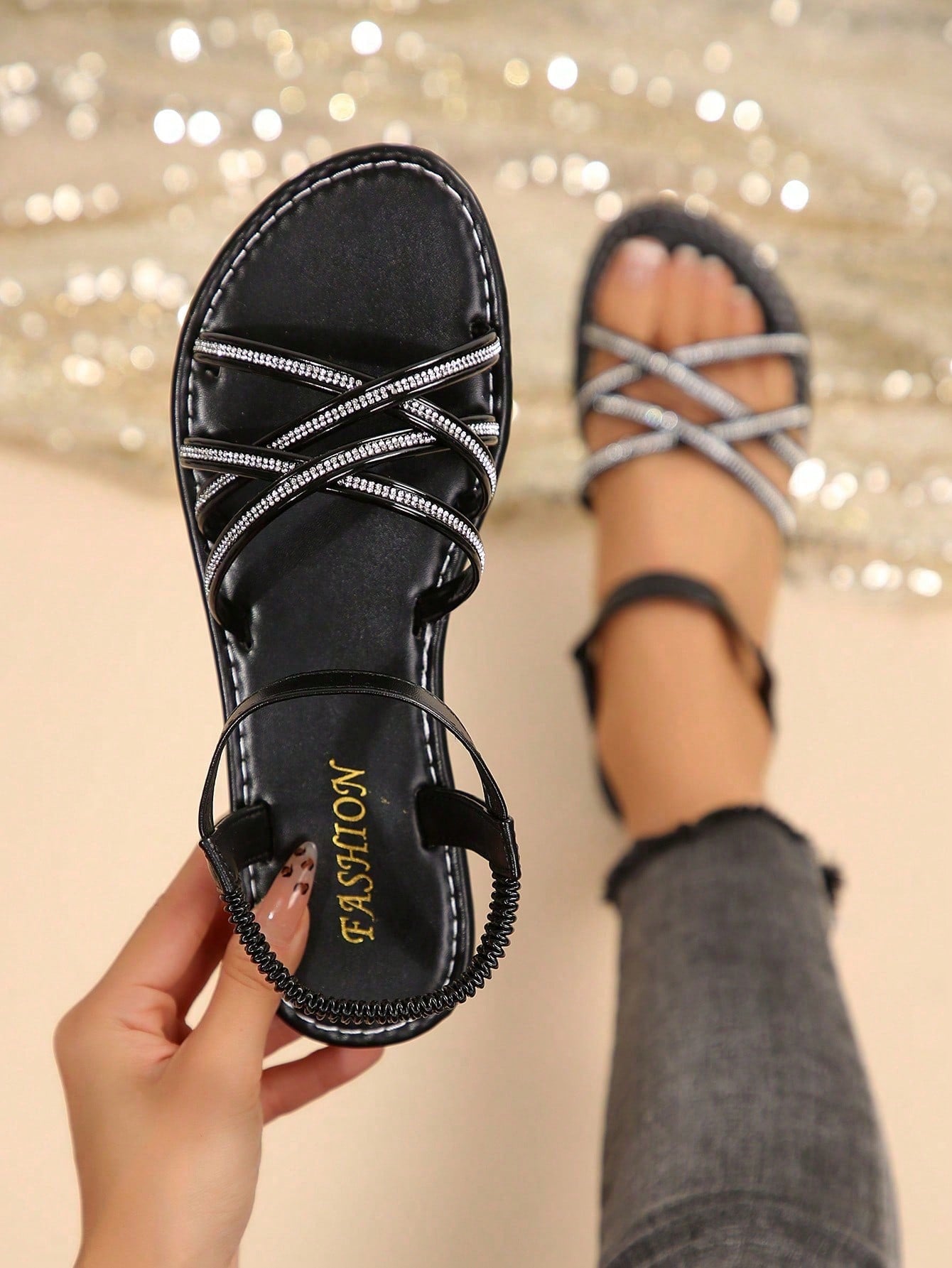 Plus size women's flat slide sandals with criss-cross straps, open toe, elastic band, and rhinestone detail, suitable for casual beach, vacation, and summer outdoor wear.