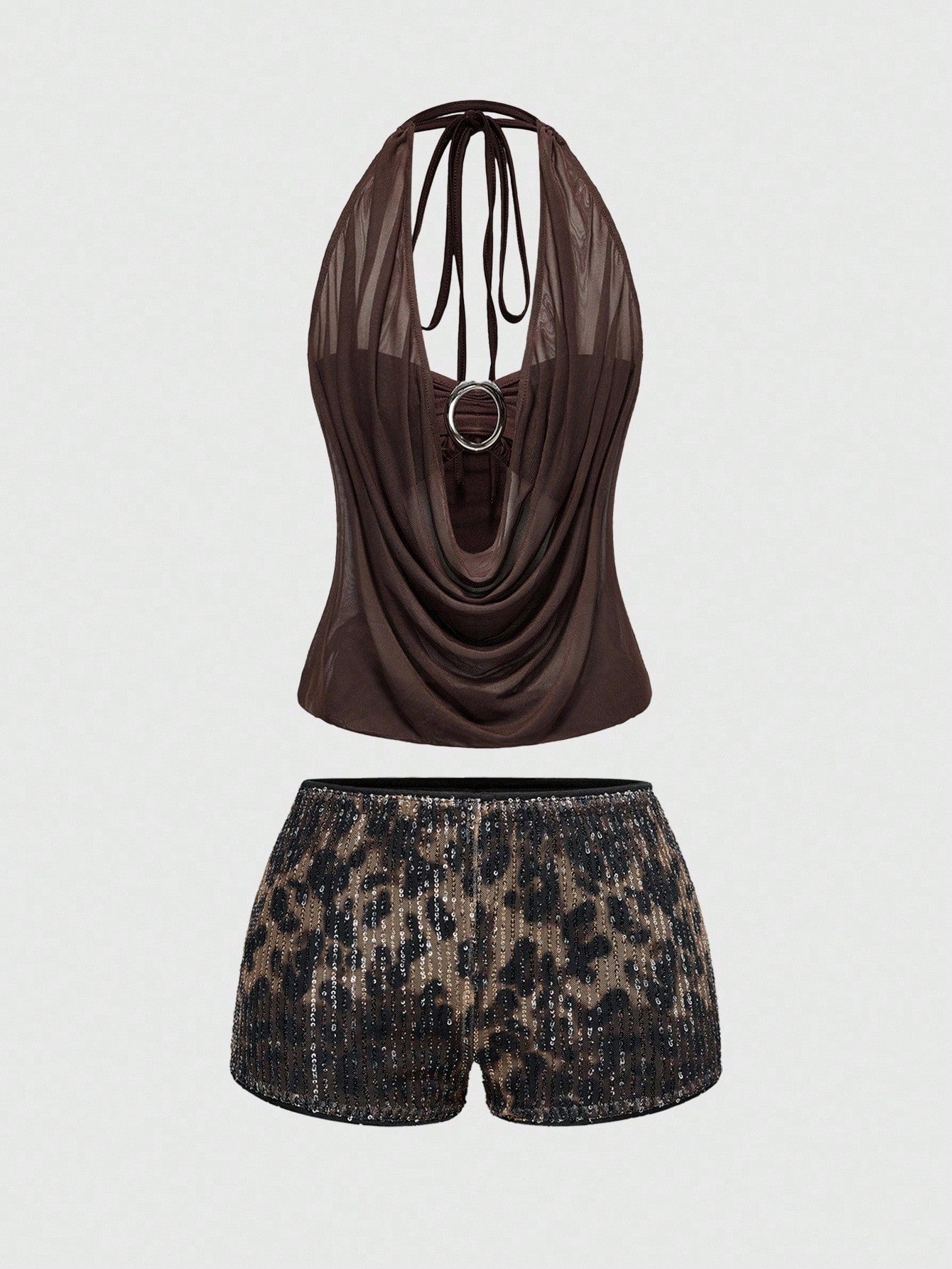 Women's two-piece outfit with a sleeveless halter cowl neck backless crop camisole, tie-back detail, bandeau inner, and leopard print shorts.