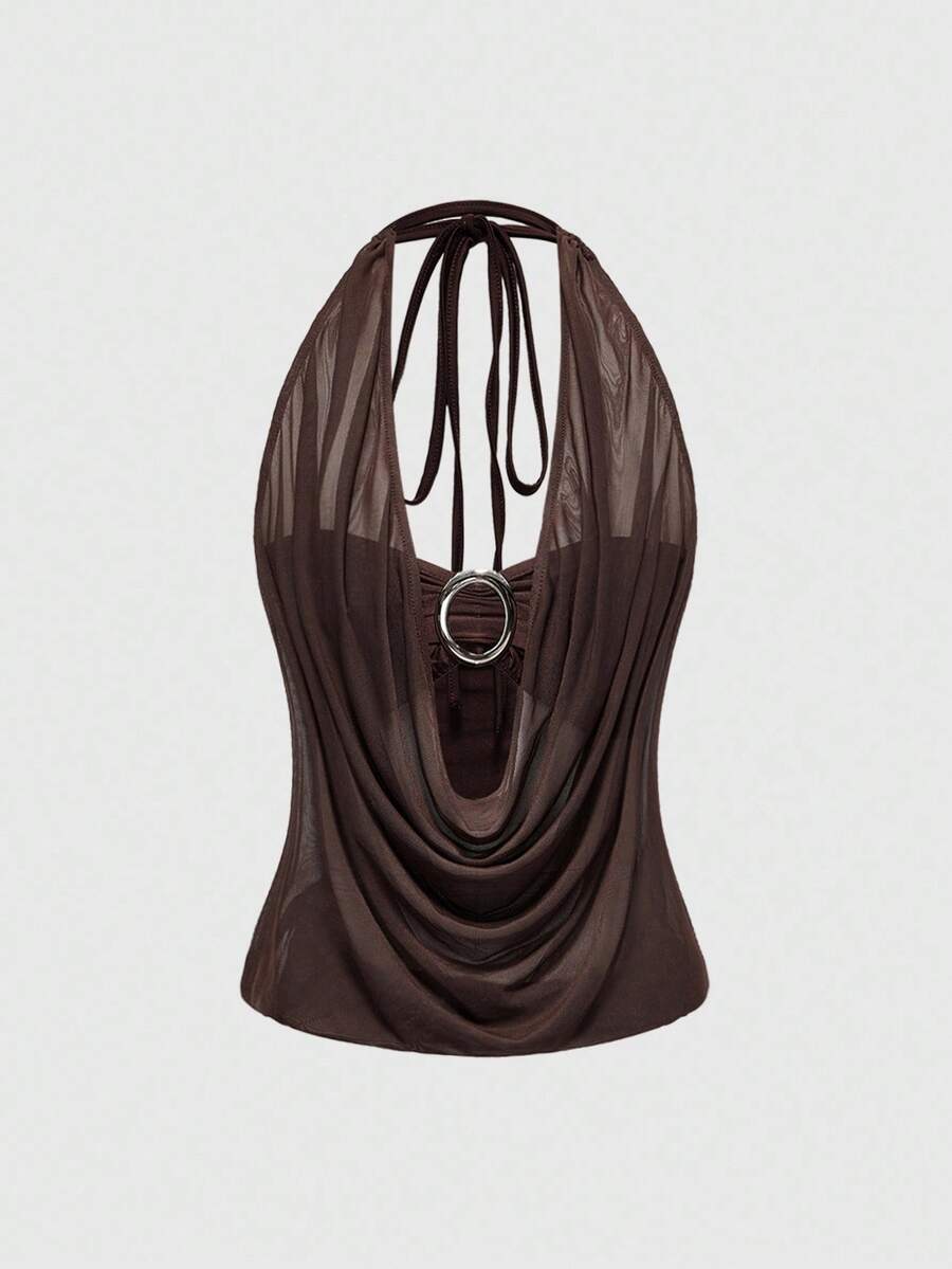 Women's two-piece outfit with a sleeveless halter cowl neck backless crop camisole, tie-back detail, bandeau inner, and leopard print shorts.
