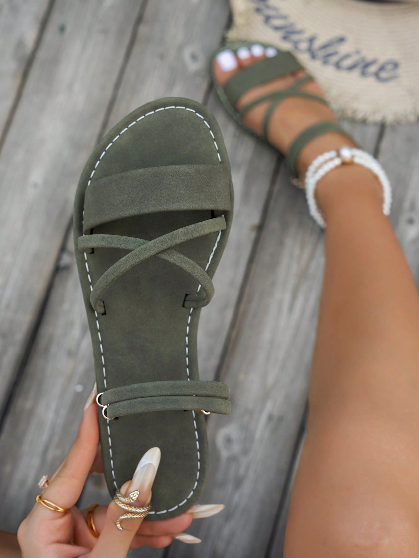 Women’s peep toe flat slide sandals with asymmetrical straps in a simple bohemian Roman beach style
