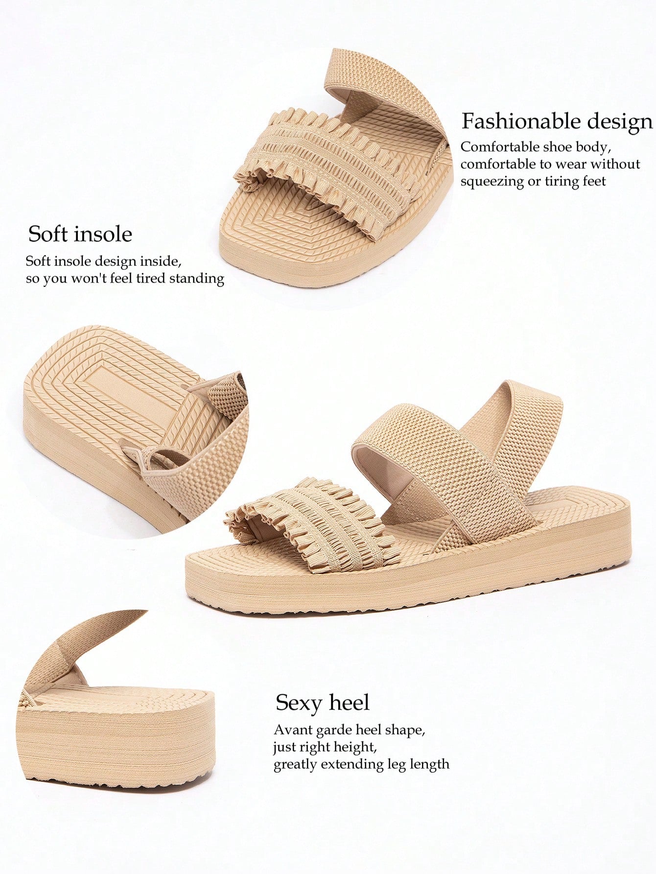 Women's black flat gladiator sandals with ruched and ruffle trim, textured fabric upper, and open-toe design for party, outdoor, and casual wear.