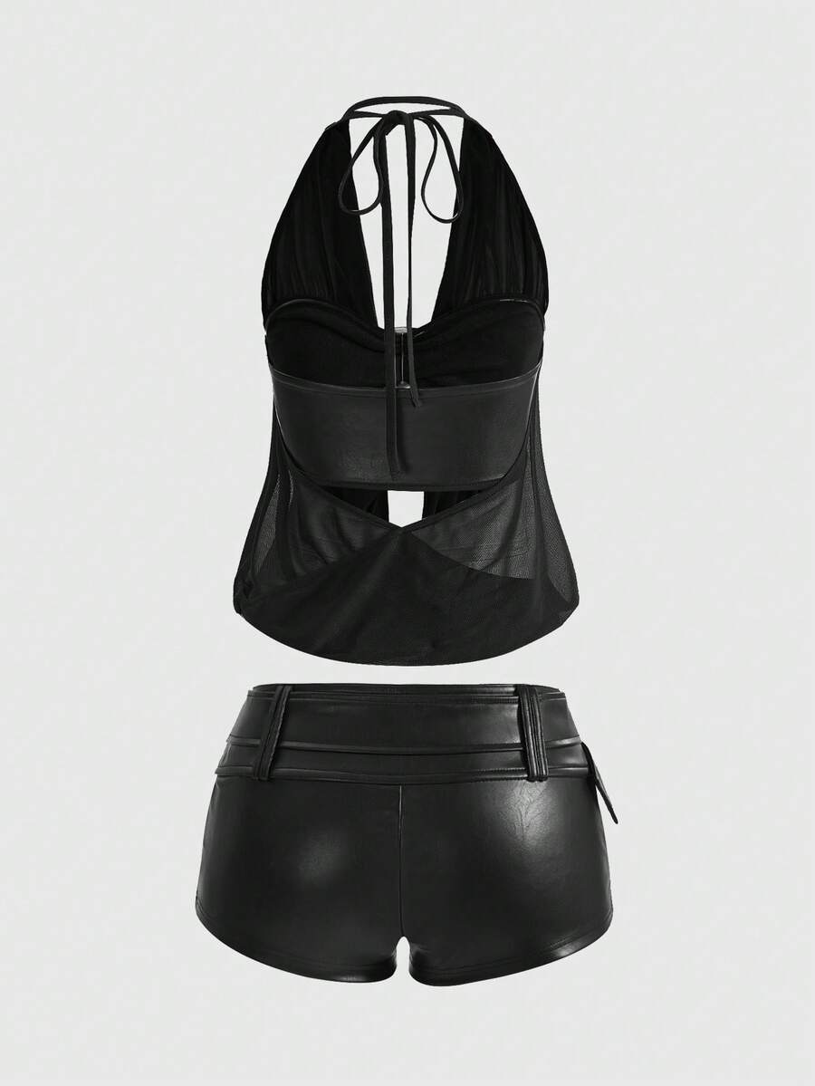 Women's Gyaru-style two-piece outfit with a draped halter crop top, backless tie detail, and mini bodycon shorts
