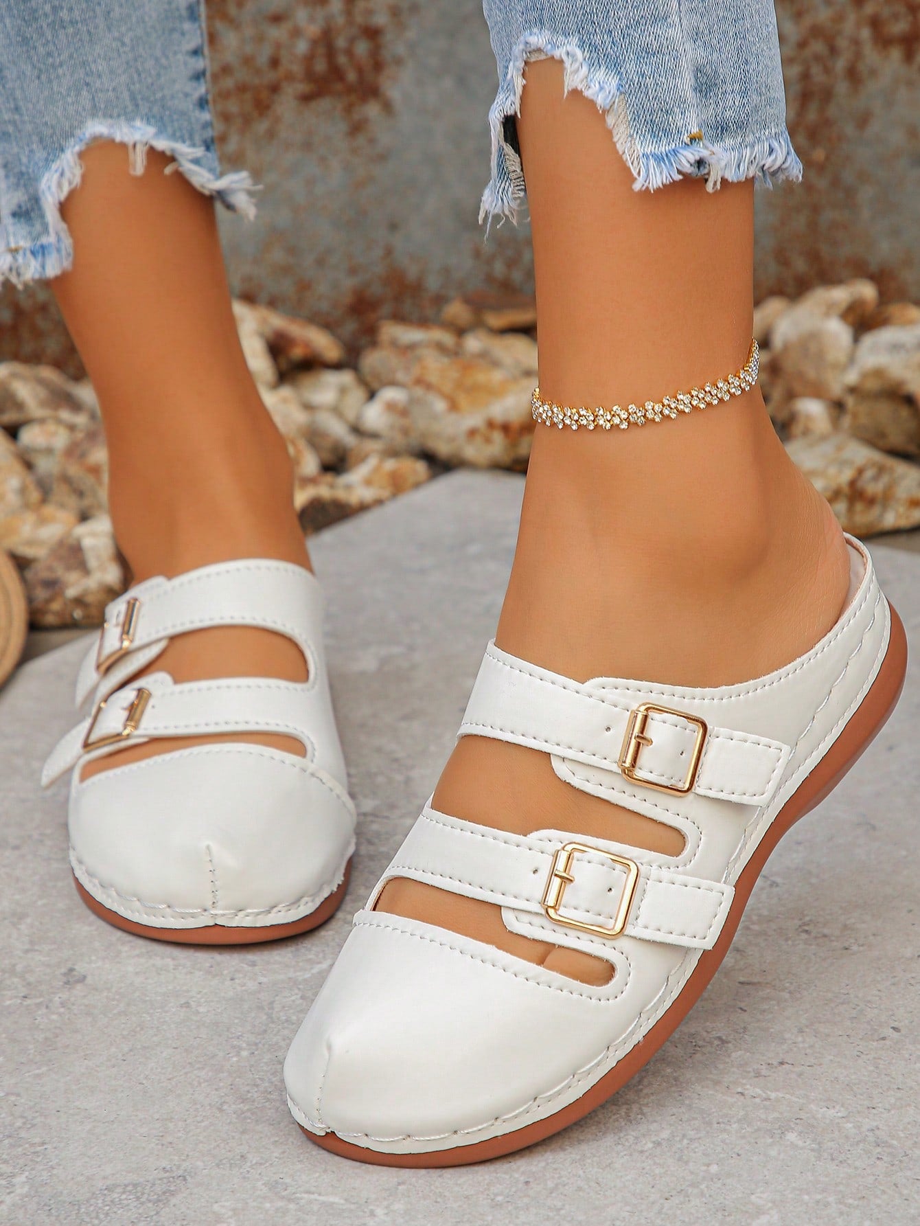 Women's bohemian wedge slide sandals with open toe, low wedge heel, slip-on design, and metal detail, available in plus sizes 36-43.