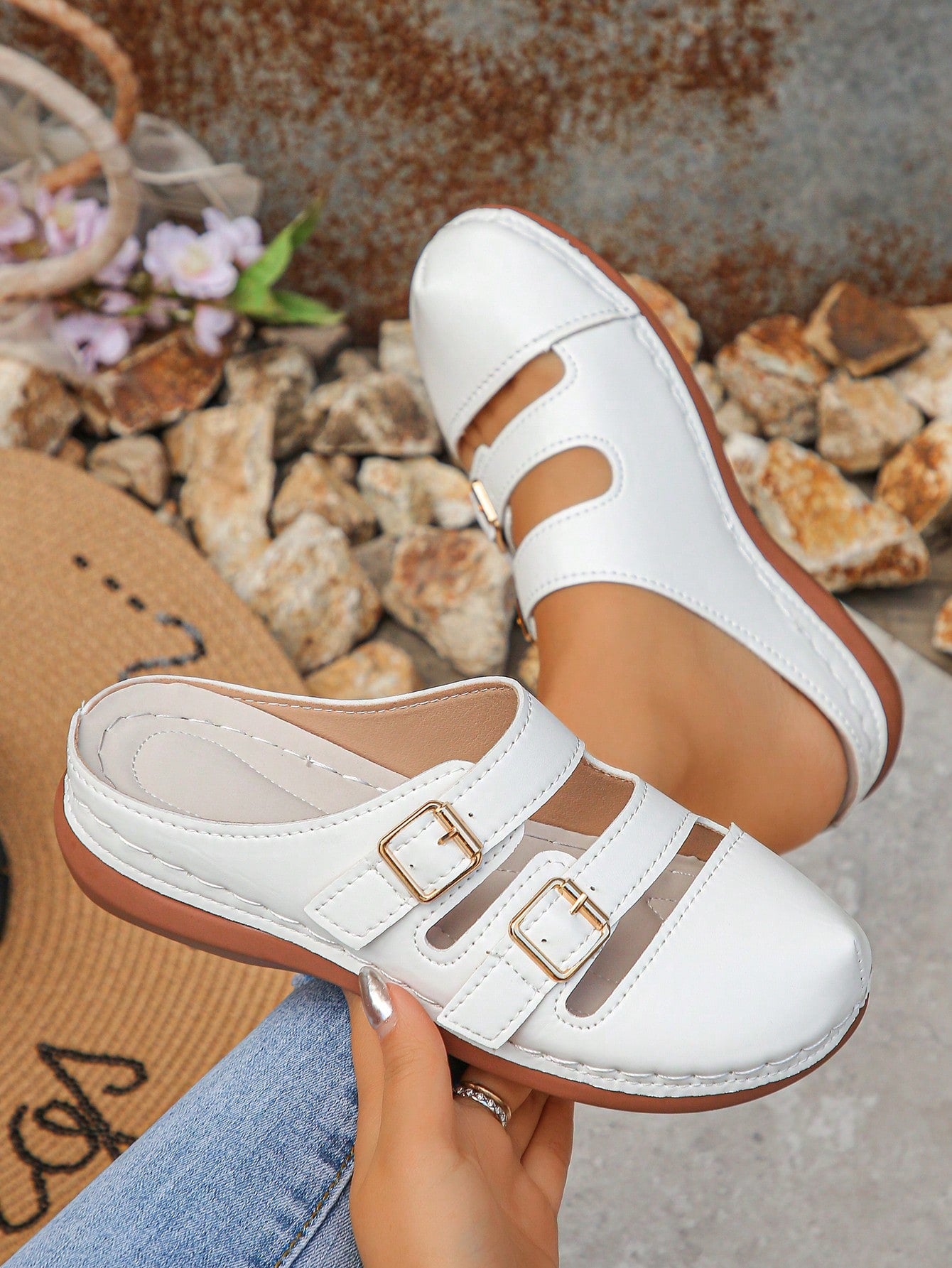 Women's bohemian wedge slide sandals with open toe, low wedge heel, slip-on design, and metal detail, available in plus sizes 36-43.