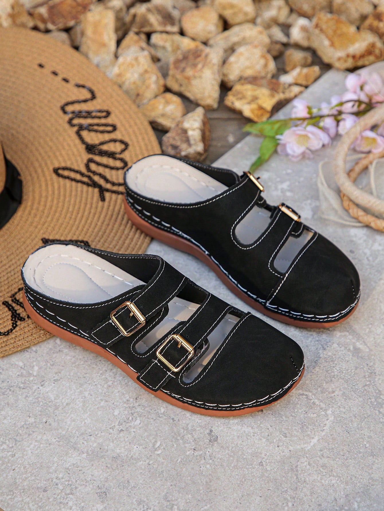 Women's bohemian wedge slide sandals with open toe, low wedge heel, slip-on design, and metal detail, available in plus sizes 36-43.