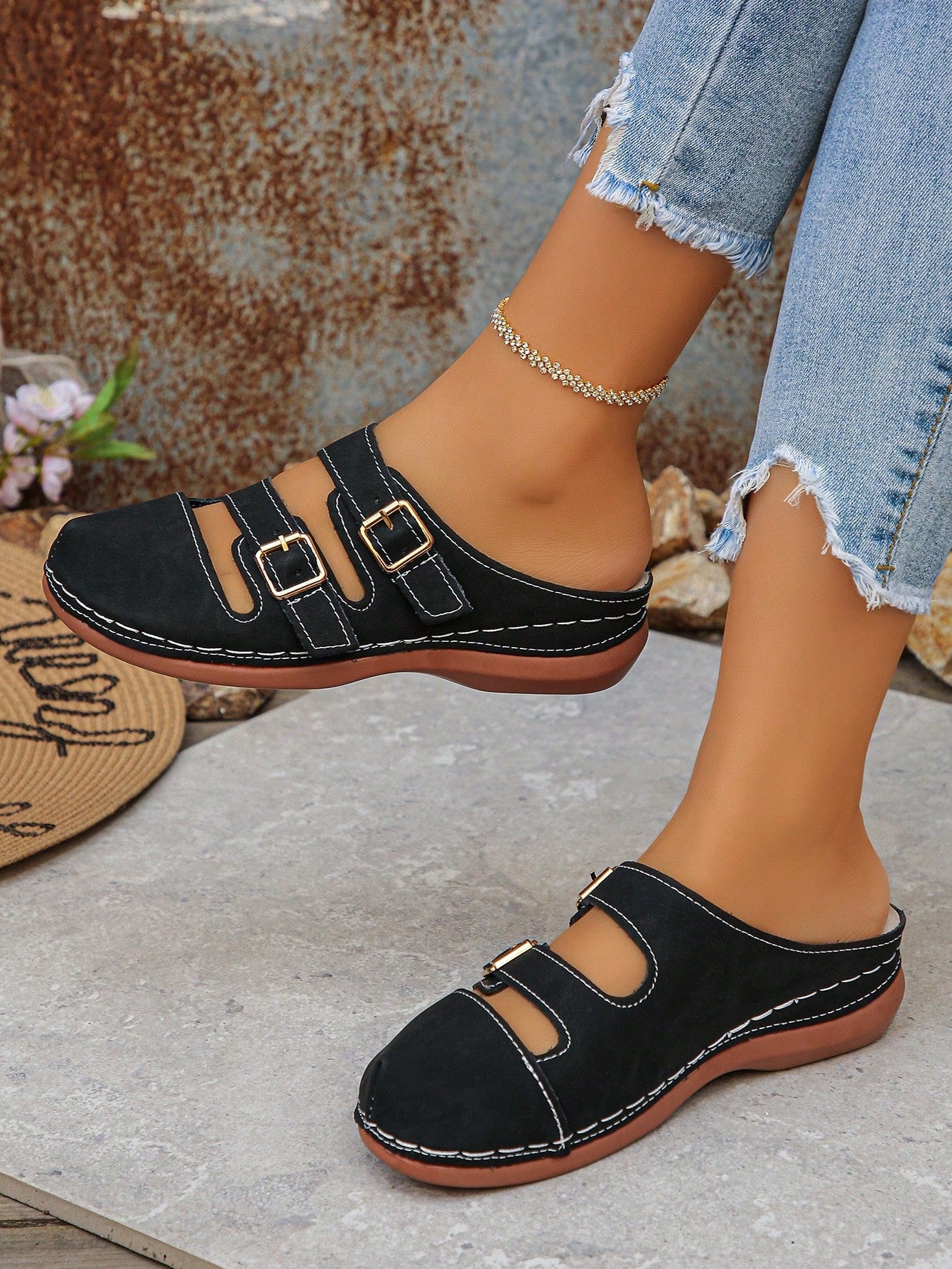 Women's bohemian wedge slide sandals with open toe, low wedge heel, slip-on design, and metal detail, available in plus sizes 36-43.