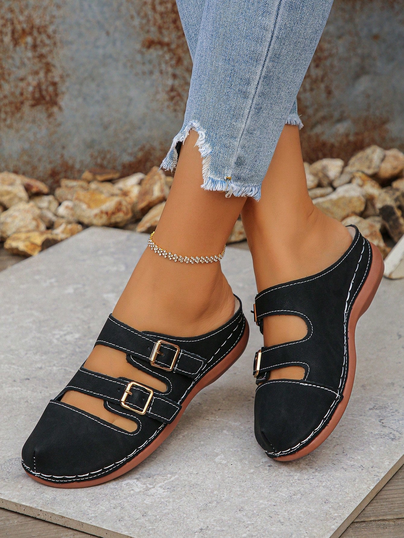Women's bohemian wedge slide sandals with open toe, low wedge heel, slip-on design, and metal detail, available in plus sizes 36-43.