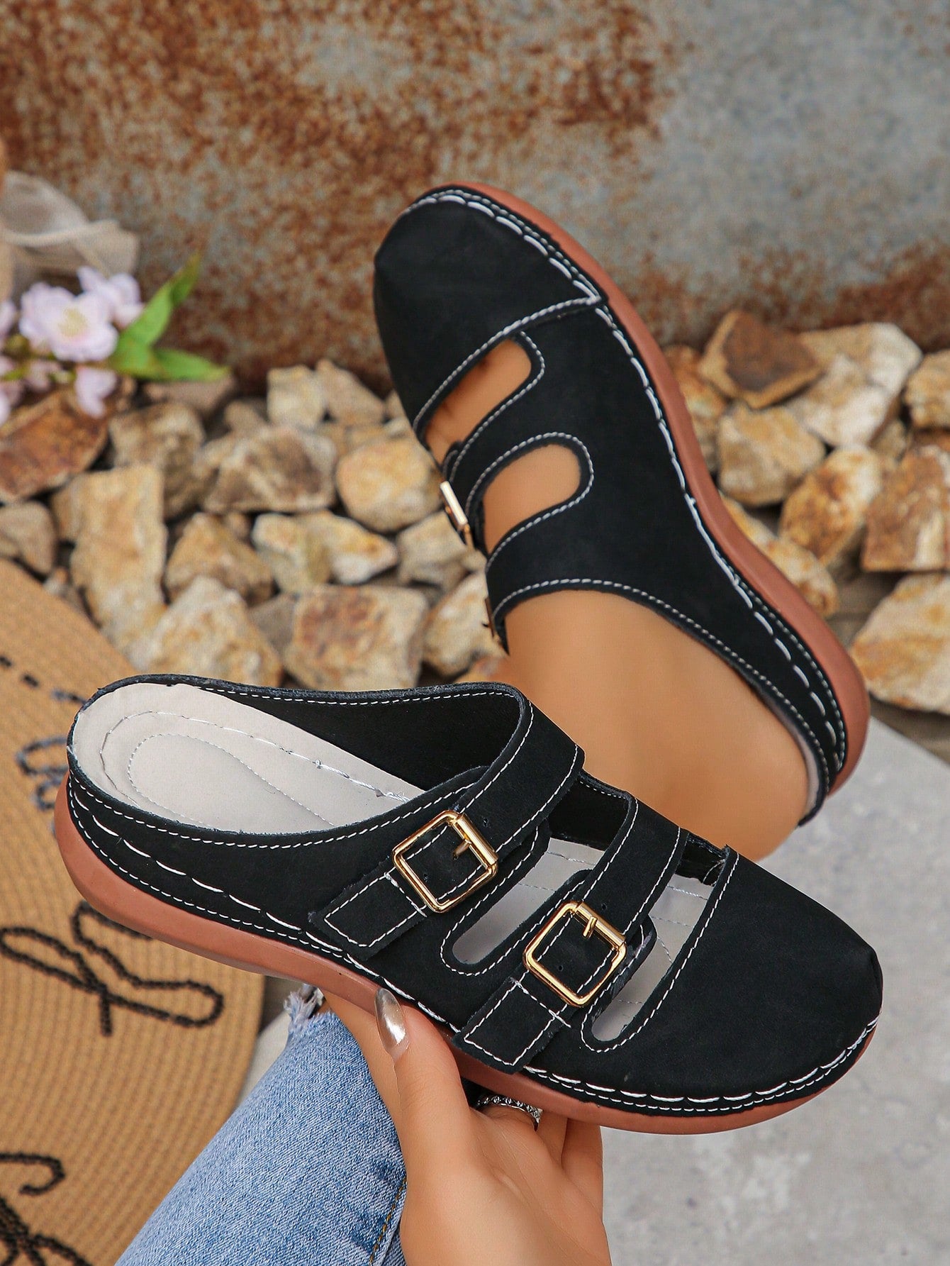 Women's bohemian wedge slide sandals with open toe, low wedge heel, slip-on design, and metal detail, available in plus sizes 36-43.
