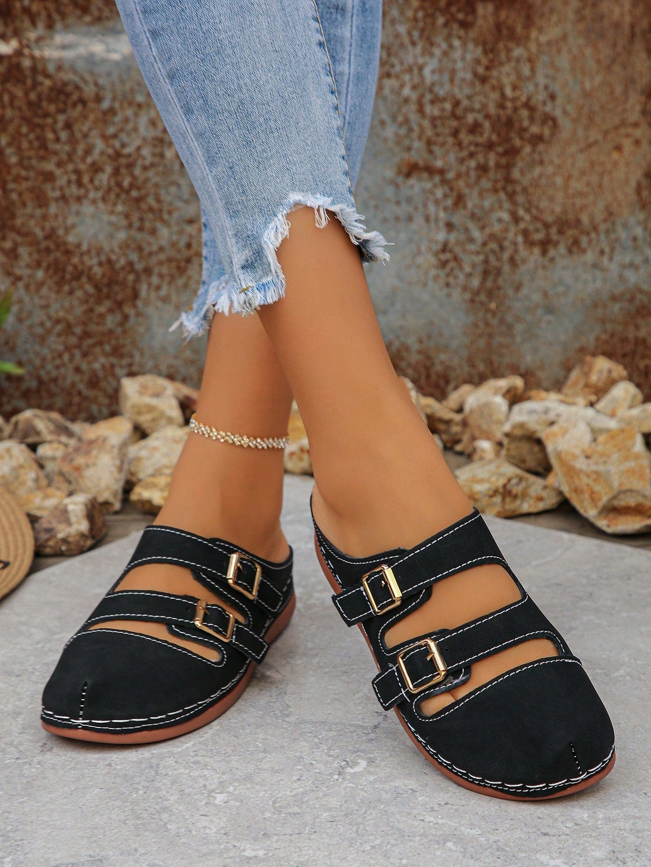 Women's bohemian wedge slide sandals with open toe, low wedge heel, slip-on design, and metal detail, available in plus sizes 36-43.