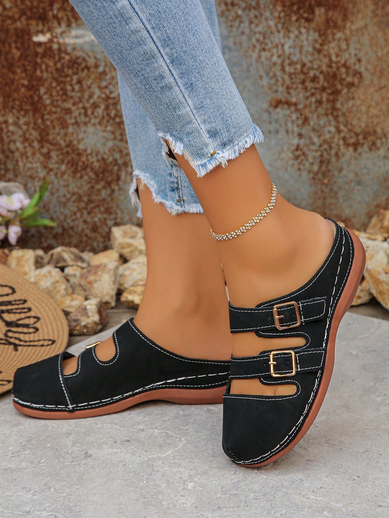 Women's bohemian wedge slide sandals with open toe, low wedge heel, slip-on design, and metal detail, available in plus sizes 36-43.