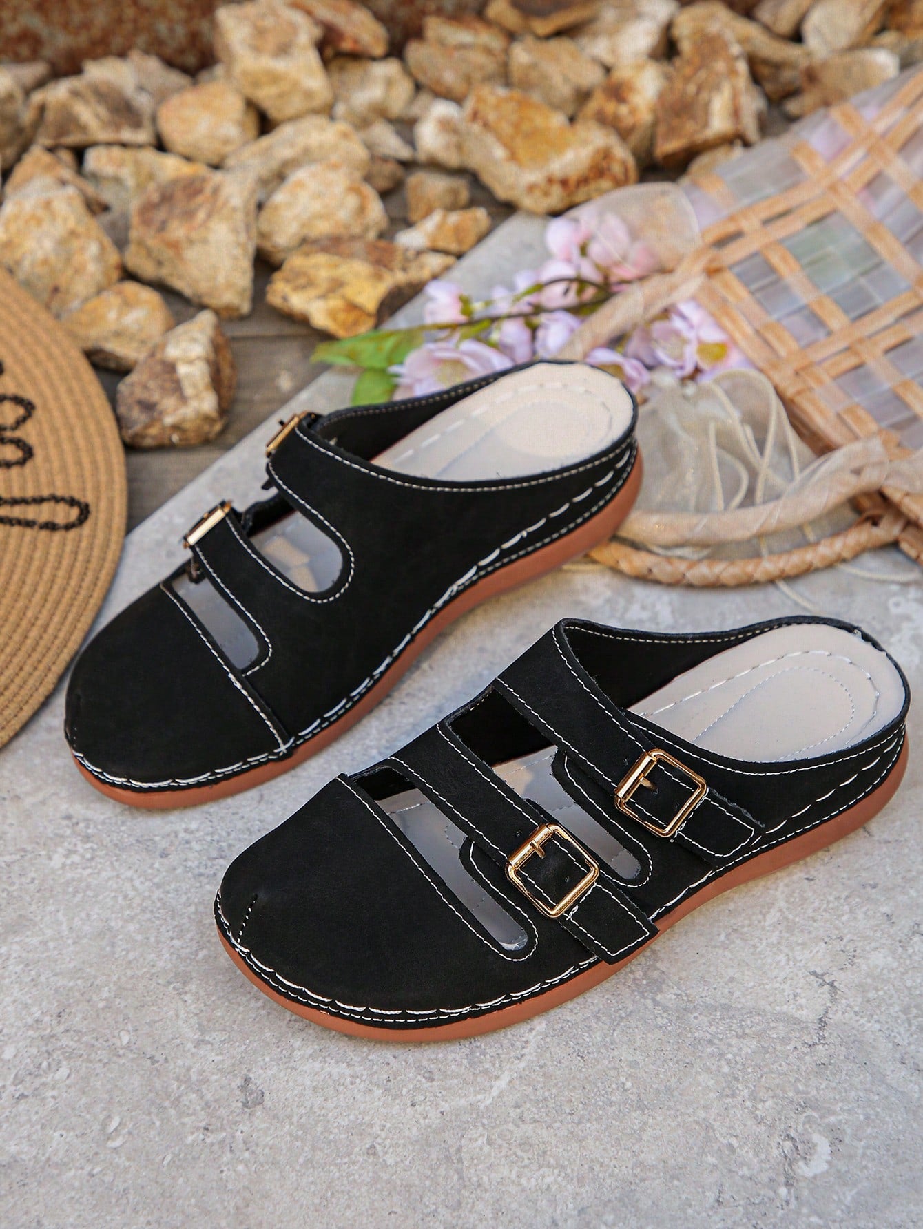 Women's bohemian wedge slide sandals with open toe, low wedge heel, slip-on design, and metal detail, available in plus sizes 36-43.