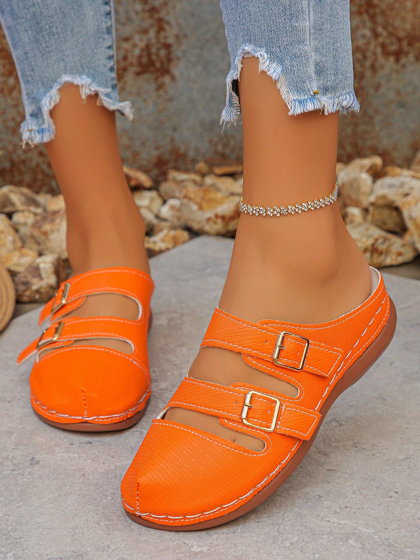 Women's bohemian wedge slide sandals with open toe, low wedge heel, slip-on design, and metal detail, available in plus sizes 36-43.