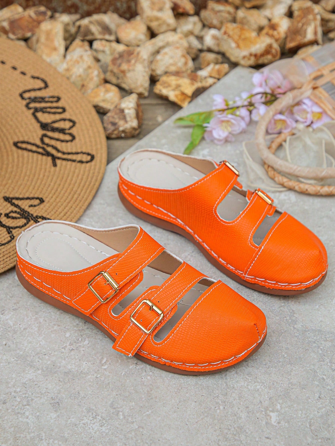 Women's bohemian wedge slide sandals with open toe, low wedge heel, slip-on design, and metal detail, available in plus sizes 36-43.