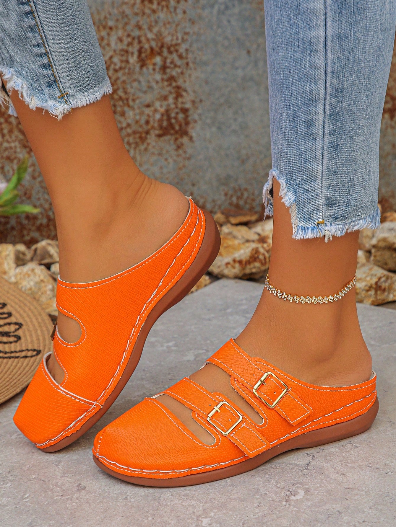 Women's bohemian wedge slide sandals with open toe, low wedge heel, slip-on design, and metal detail, available in plus sizes 36-43.