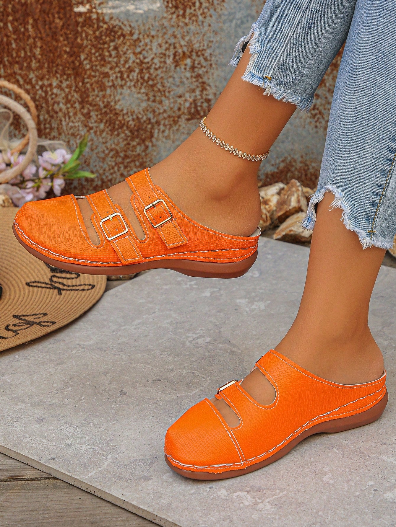 Women's bohemian wedge slide sandals with open toe, low wedge heel, slip-on design, and metal detail, available in plus sizes 36-43.