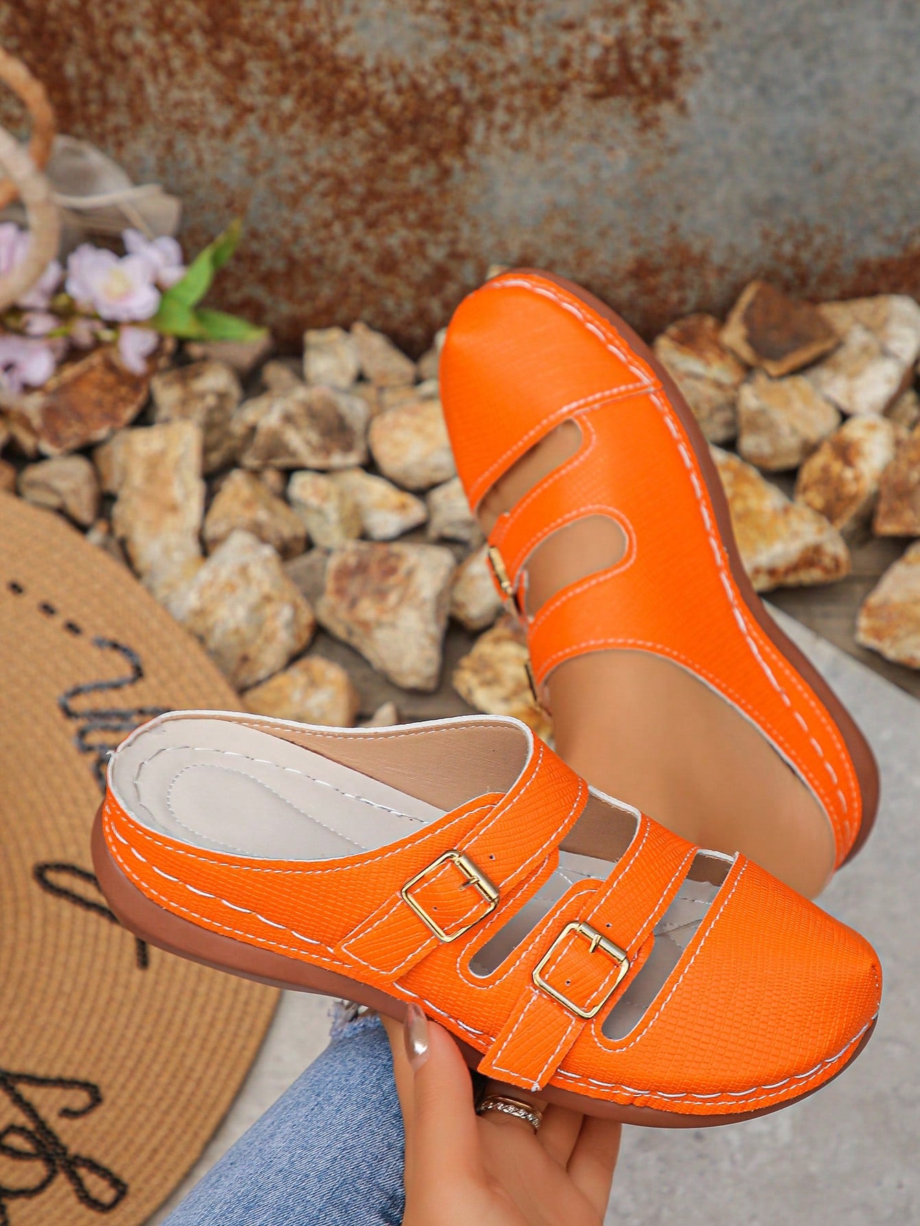 Women's bohemian wedge slide sandals with open toe, low wedge heel, slip-on design, and metal detail, available in plus sizes 36-43.