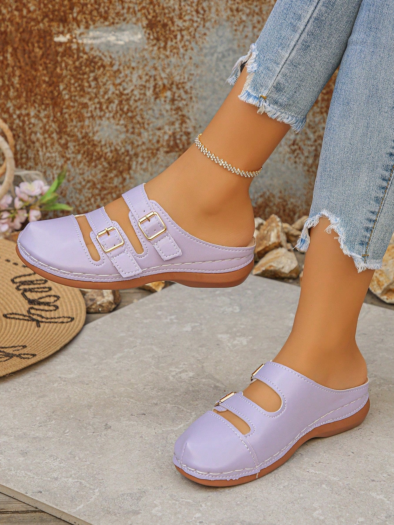 Women's bohemian wedge slide sandals with open toe, low wedge heel, slip-on design, and metal detail, available in plus sizes 36-43.
