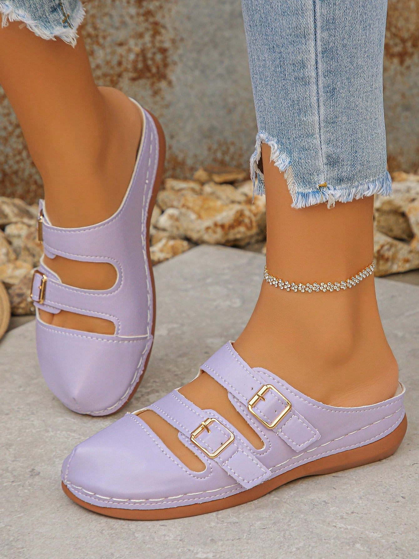 Women's bohemian wedge slide sandals with open toe, low wedge heel, slip-on design, and metal detail, available in plus sizes 36-43.