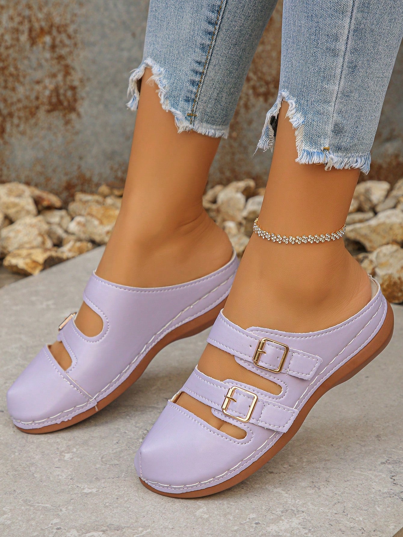 Women's bohemian wedge slide sandals with open toe, low wedge heel, slip-on design, and metal detail, available in plus sizes 36-43.