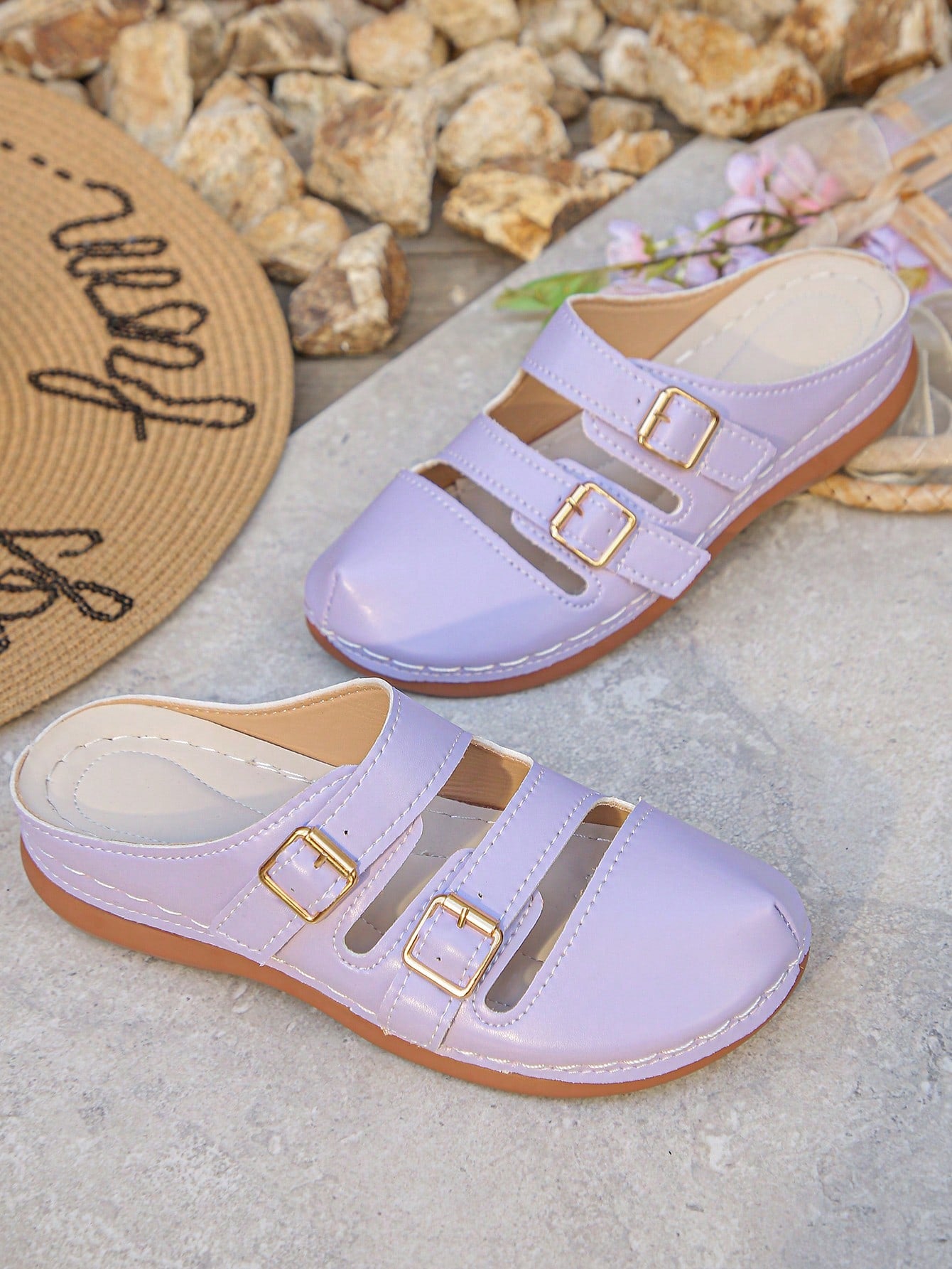 Women's bohemian wedge slide sandals with open toe, low wedge heel, slip-on design, and metal detail, available in plus sizes 36-43.