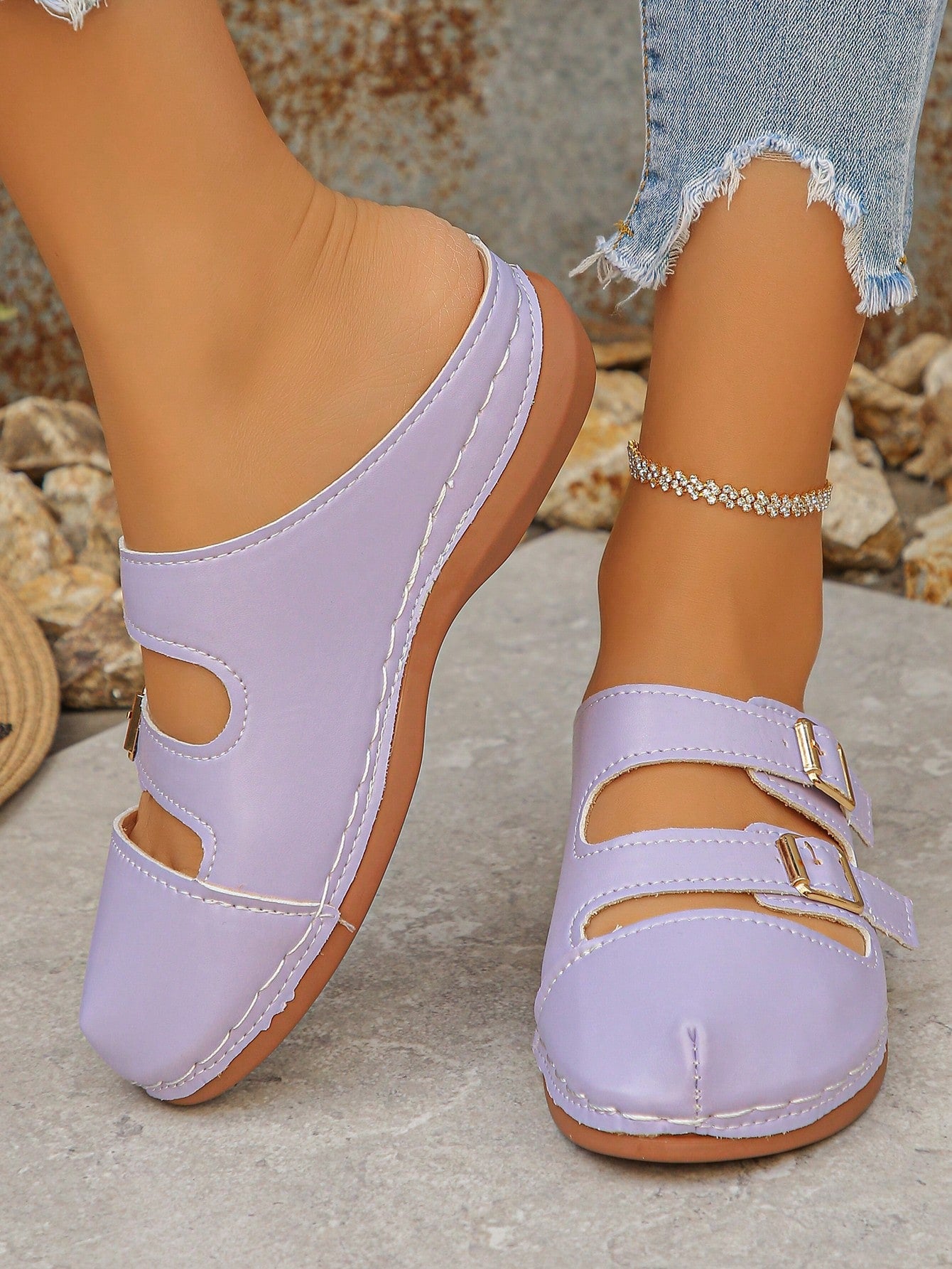 Women's bohemian wedge slide sandals with open toe, low wedge heel, slip-on design, and metal detail, available in plus sizes 36-43.