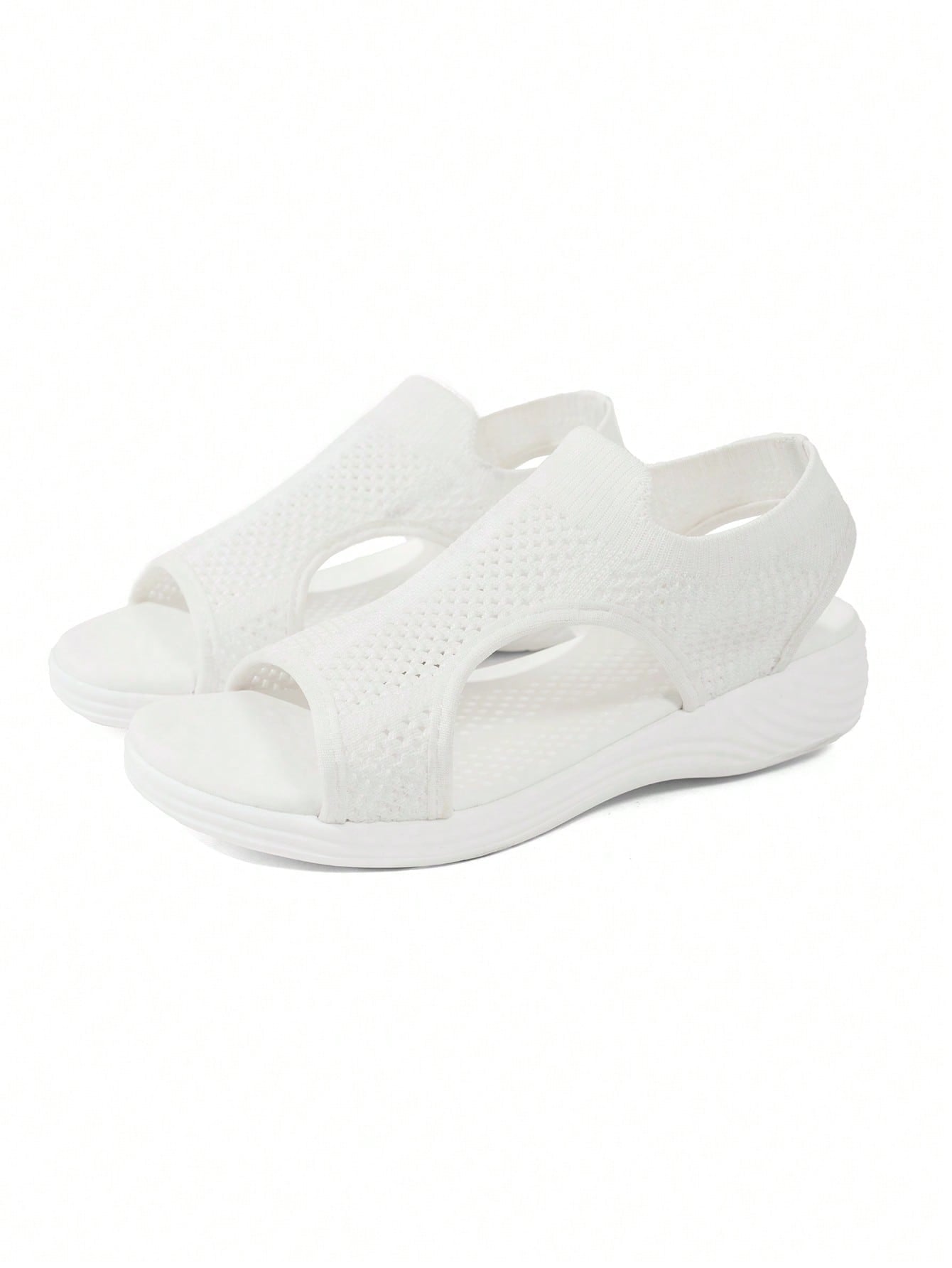 Plus size women's slip-on wedge slide sandals with open toe, low platform heel, and breathable cutout fabric upper, shown as a casual outdoor style sandal.