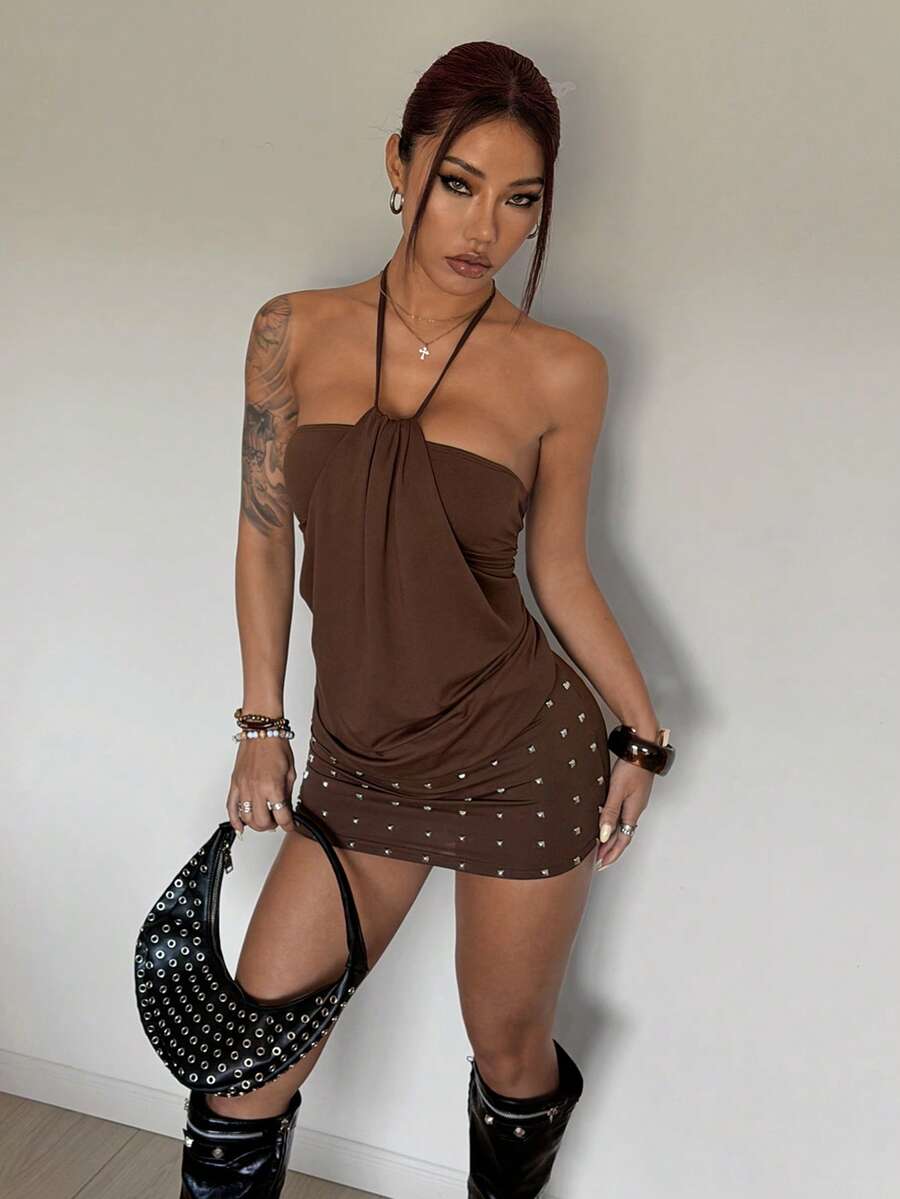Women's brown beaded halter mini dress with a backless tie-back knot design, sleeveless slim fit silhouette, and pencil hem.