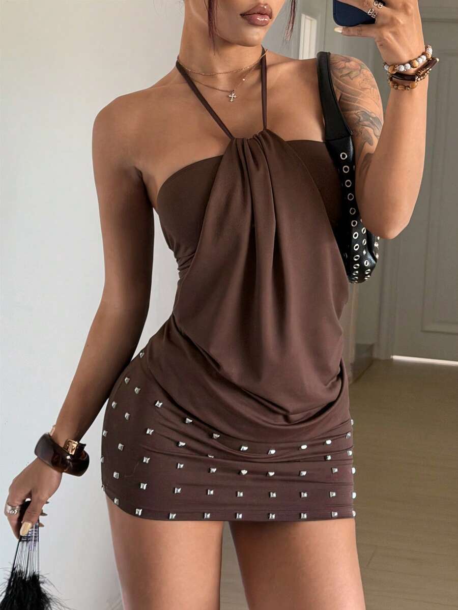 Women's brown beaded halter mini dress with a backless tie-back knot design, sleeveless slim fit silhouette, and pencil hem.