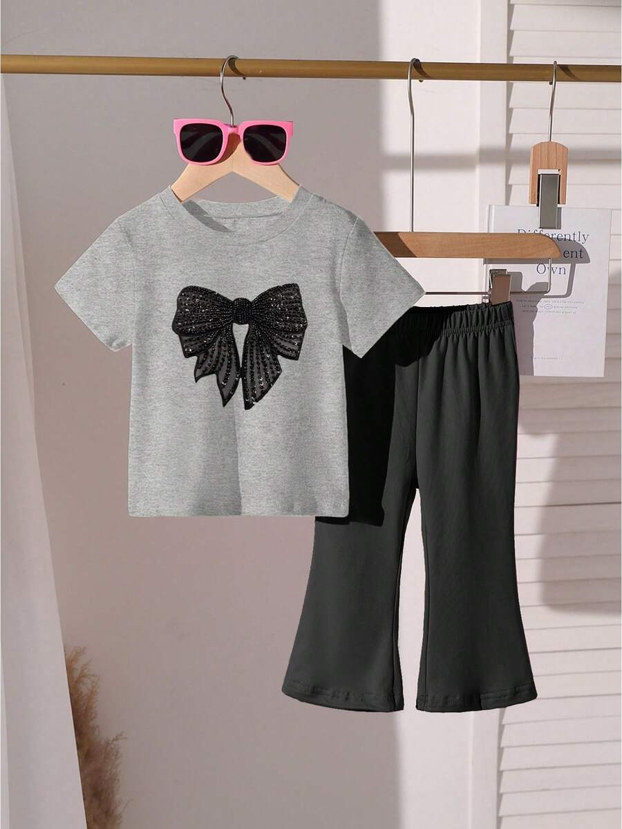 Elladie kids 2pcs/Set Young Girl Casual Butterfly Print Short Sleeve T-Shirt And Flare Pants,Cute Cartoon Graphic Fashionable Summer Clothes For School Outfit