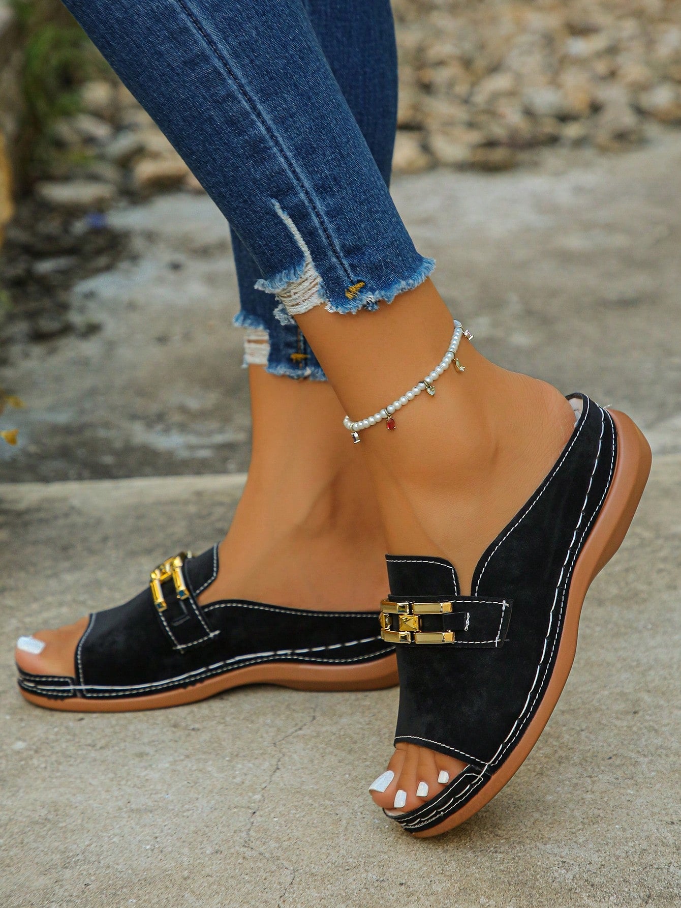Women's bohemian wedge slide sandals with open toe, low wedge heel, slip-on design, and metal detail, available in plus sizes 36-43.