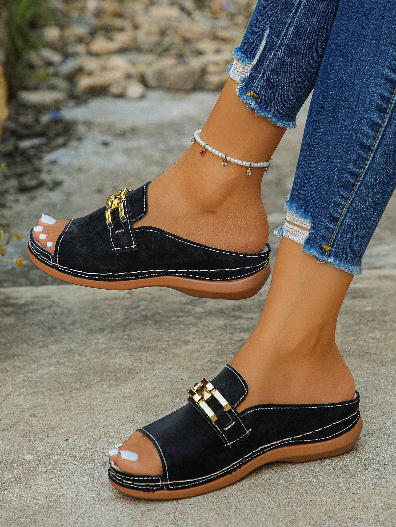Women's bohemian wedge slide sandals with open toe, low wedge heel, slip-on design, and metal detail, available in plus sizes 36-43.