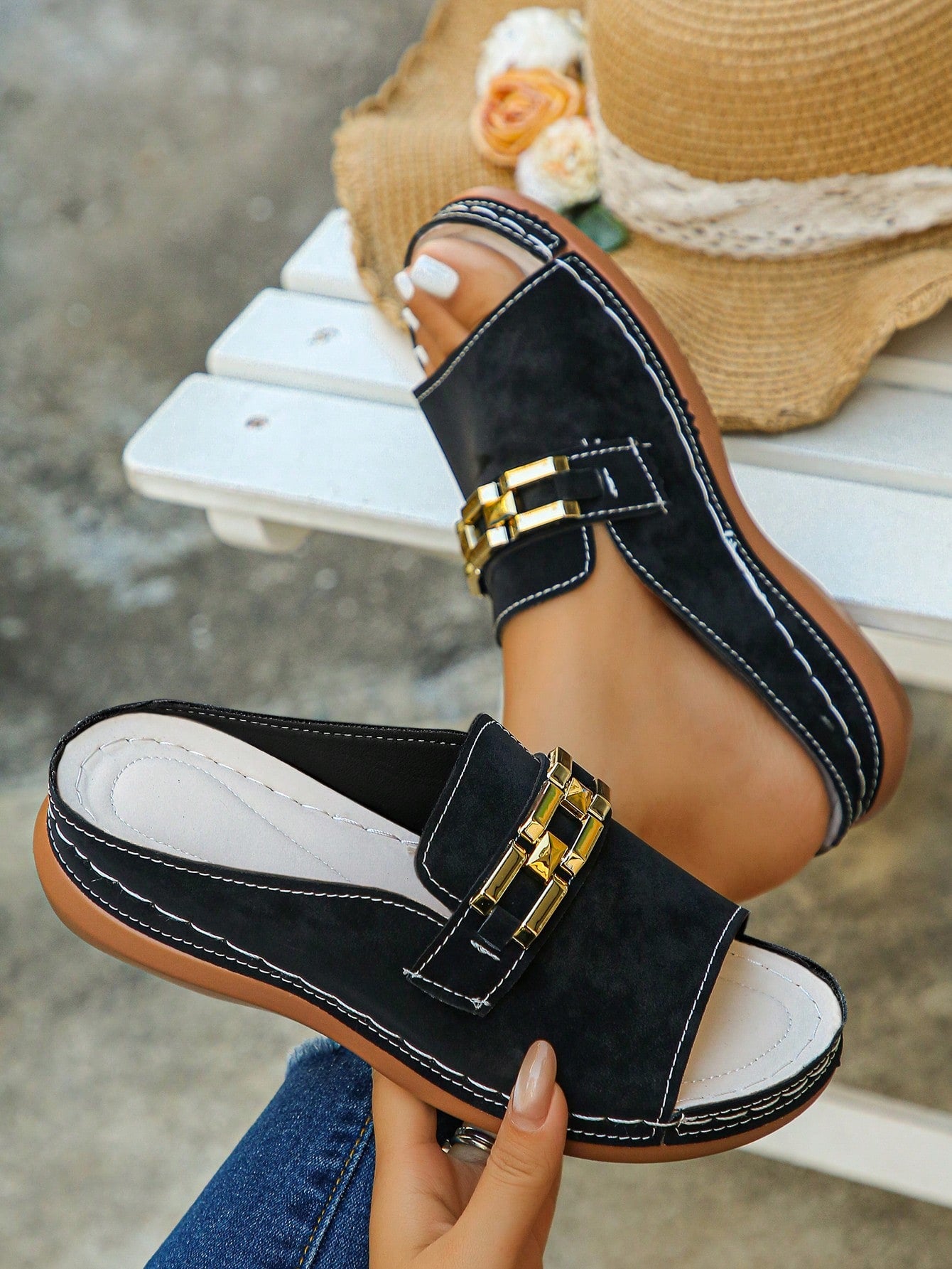Women's bohemian wedge slide sandals with open toe, low wedge heel, slip-on design, and metal detail, available in plus sizes 36-43.