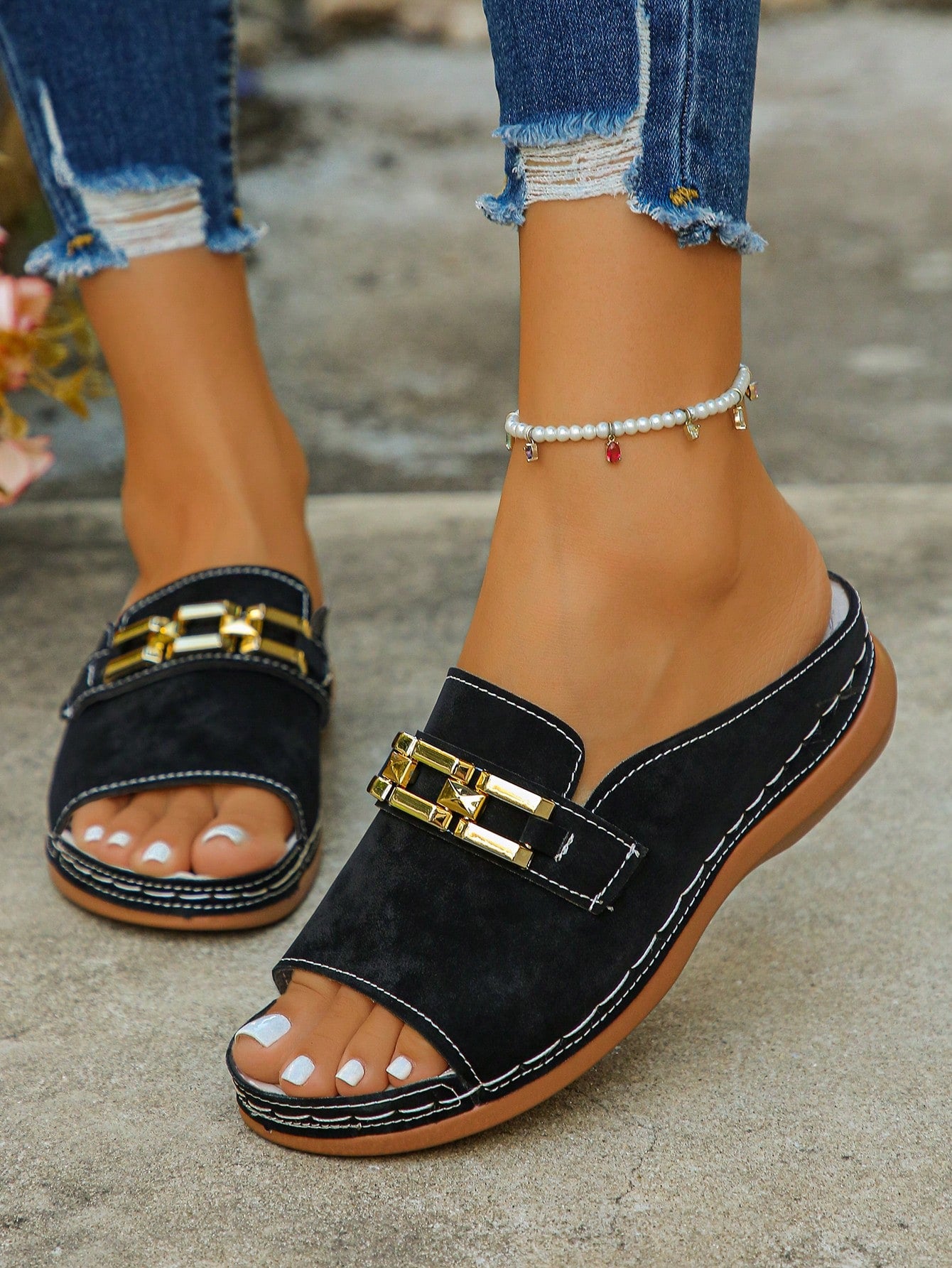 Women's bohemian wedge slide sandals with open toe, low wedge heel, slip-on design, and metal detail, available in plus sizes 36-43.