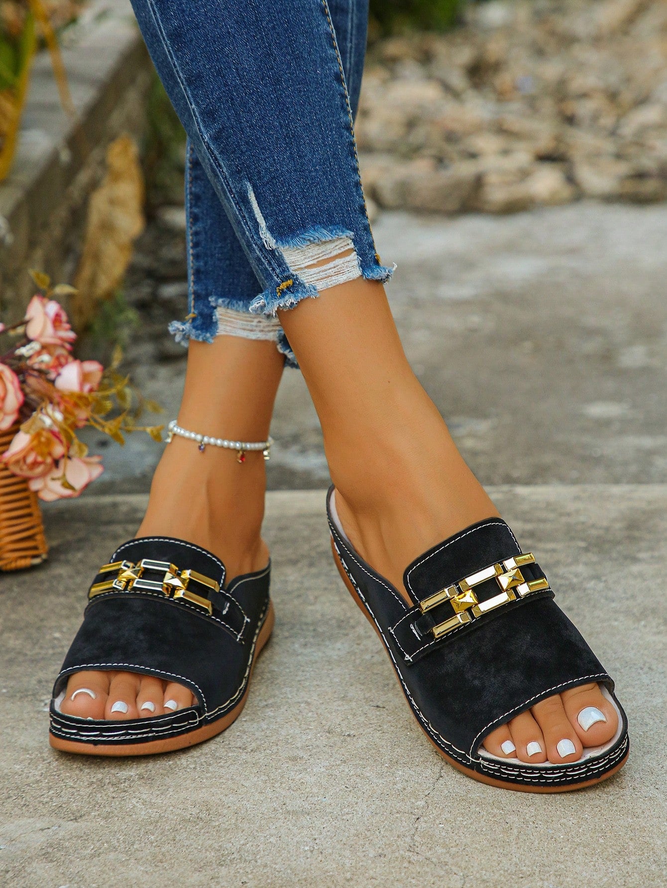 Women's bohemian wedge slide sandals with open toe, low wedge heel, slip-on design, and metal detail, available in plus sizes 36-43.
