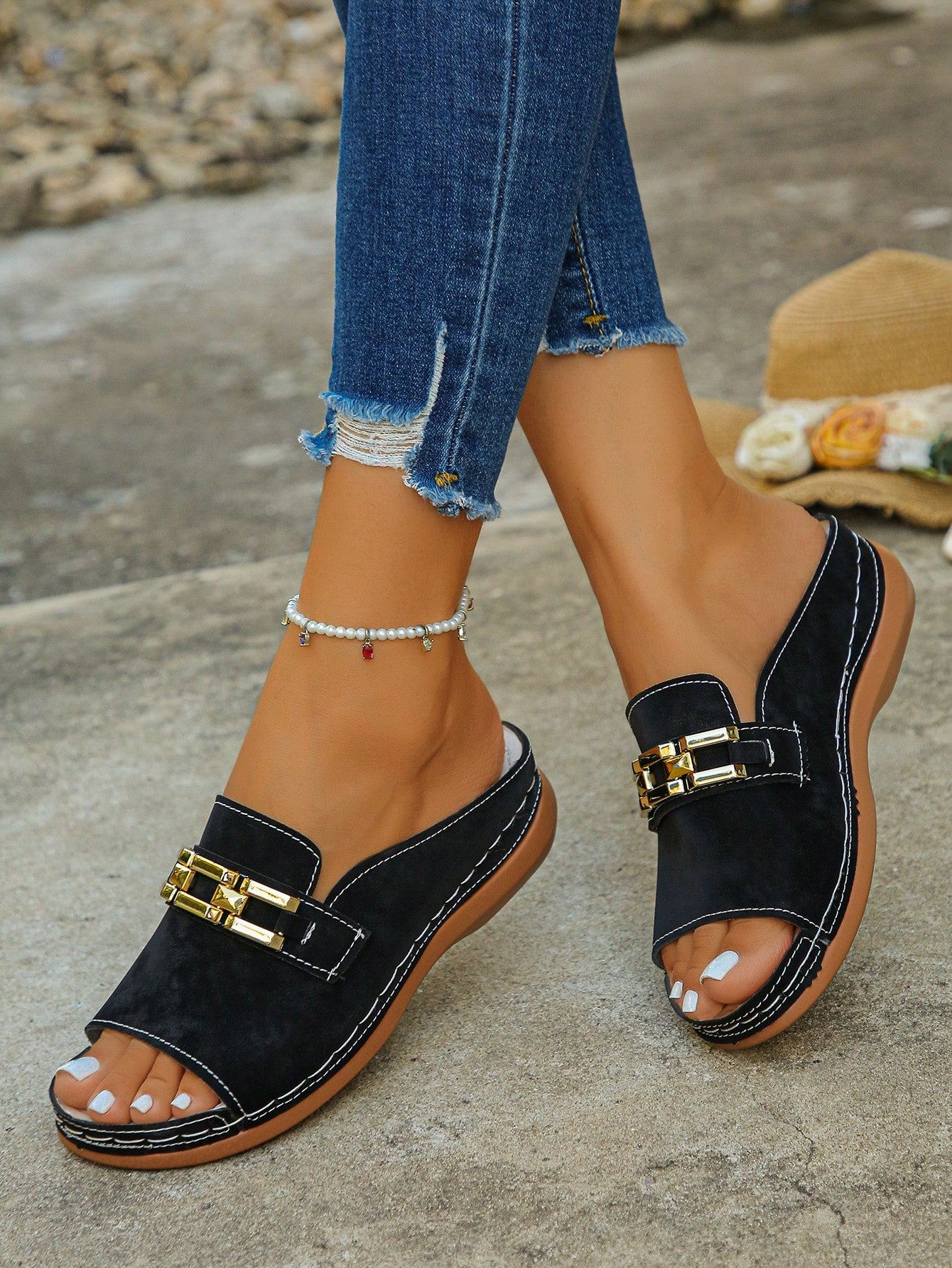 Women's bohemian wedge slide sandals with open toe, low wedge heel, slip-on design, and metal detail, available in plus sizes 36-43.