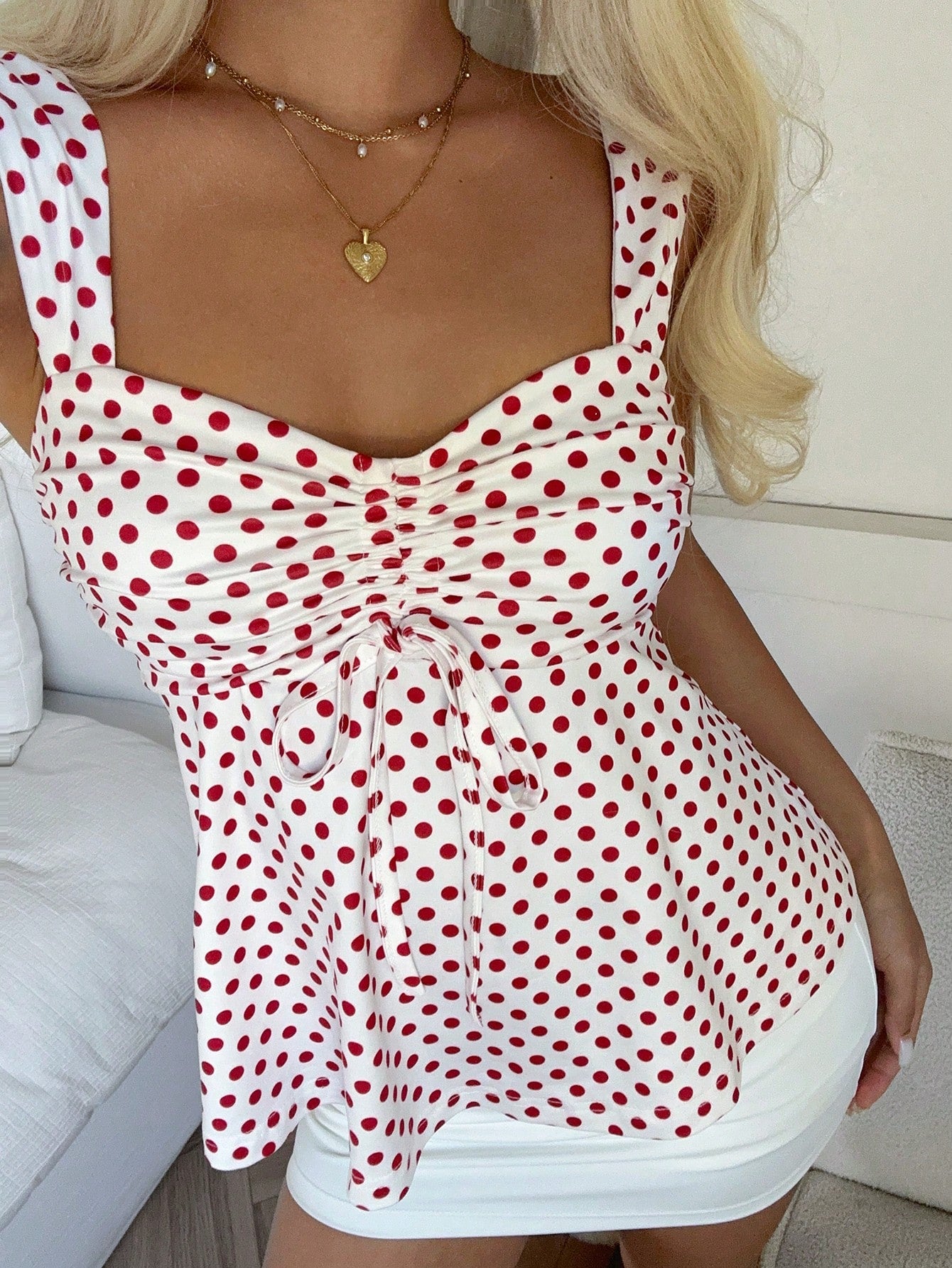 CovetEZ 2026 Spring/Summer New Women's Apparel: Black Polka Dot Cute Casual Versatile Ruffle Drawstring Blouse/Tank Top,Summer Top