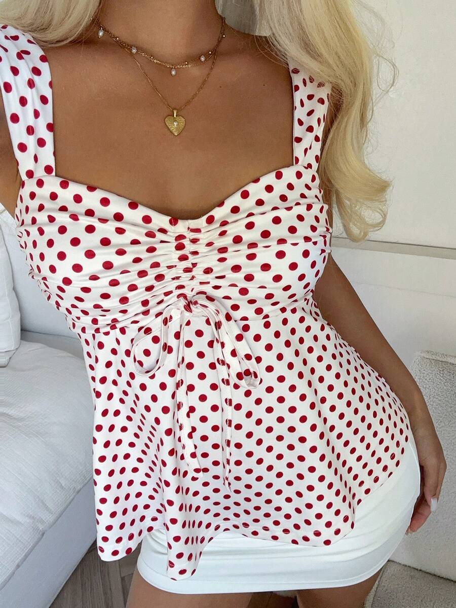 2026 Spring/Summer Women's New Arrival: Brown And White Polka Dot Sweet Vintage 2000s Cute Casual Versatile Ruffle Drawstring Top/Tank Vacation