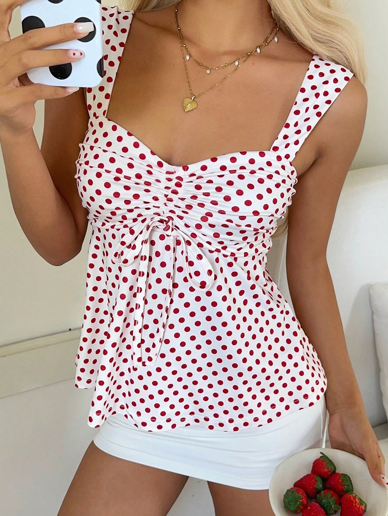 CovetEZ 2026 Spring/Summer New Women's Apparel: Black Polka Dot Cute Casual Versatile Ruffle Drawstring Blouse/Tank Top,Summer Top
