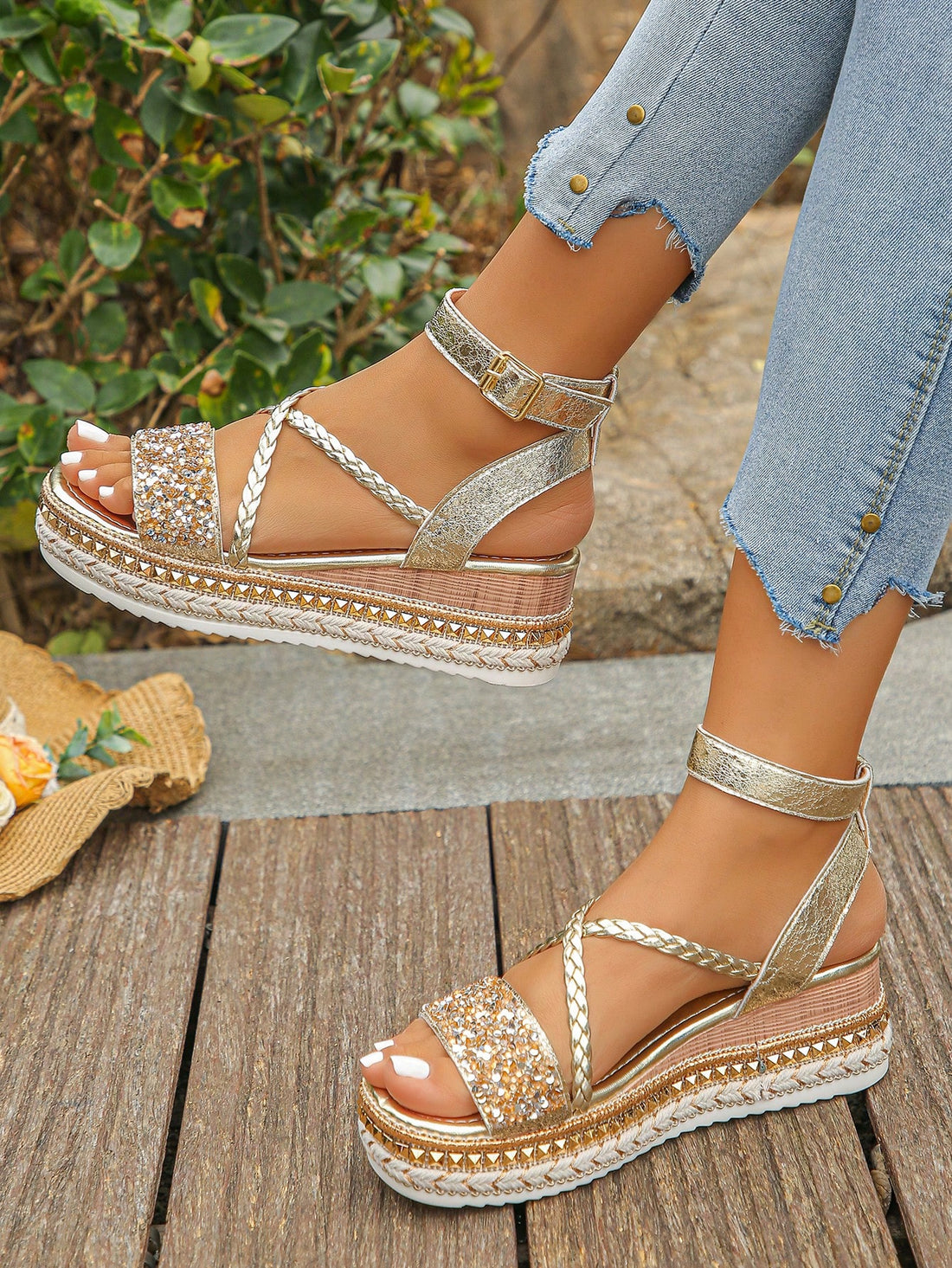 Women's wedge platform sandals with rivet decor, shiny rhinestone criss-cross woven straps, open toe, ankle buckle strap, and thick sole.