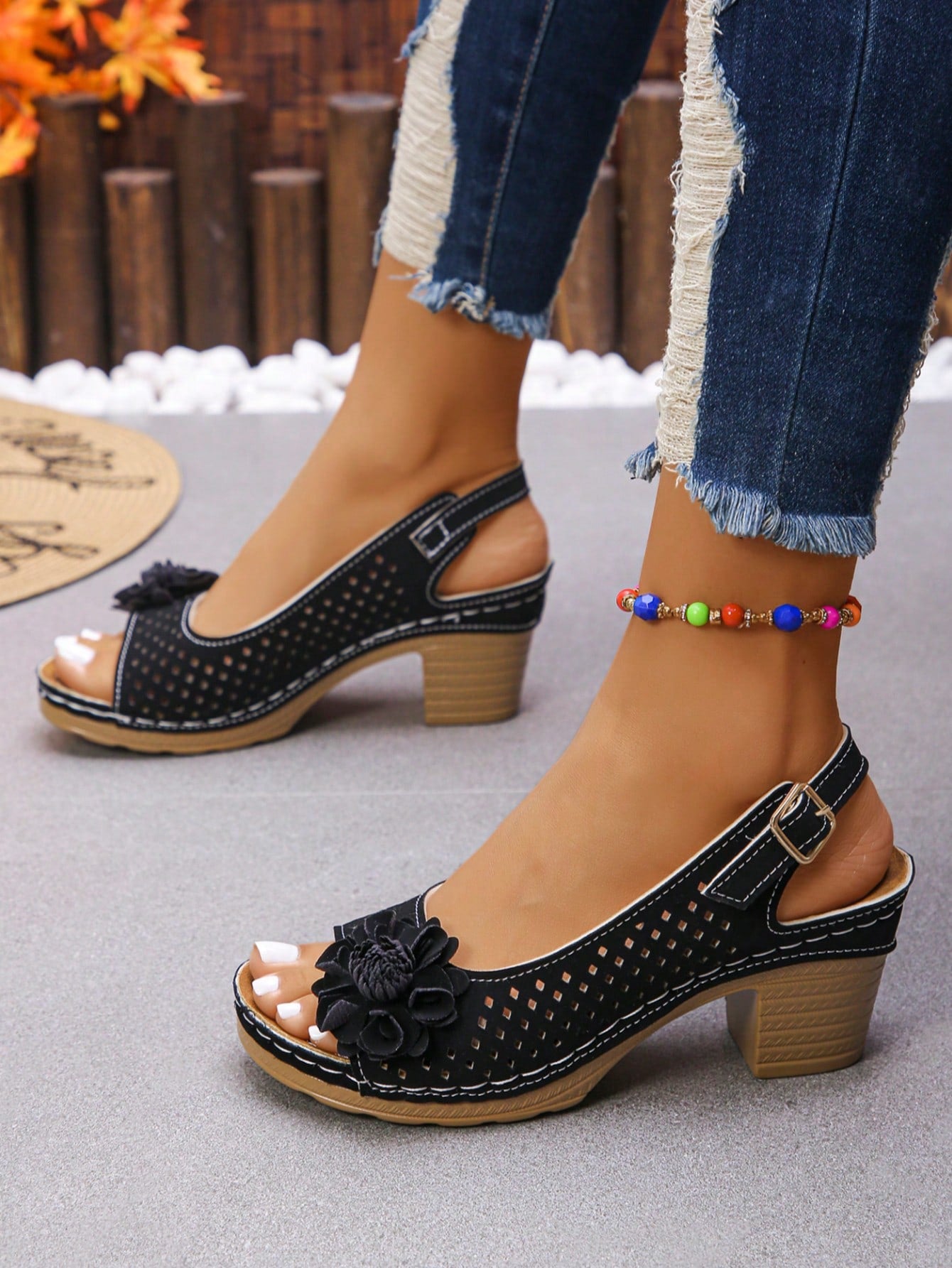 Women's hollow flower decor slingback sandals with chunky mid heel, buckle strap, studded accents, and geometric cutout design