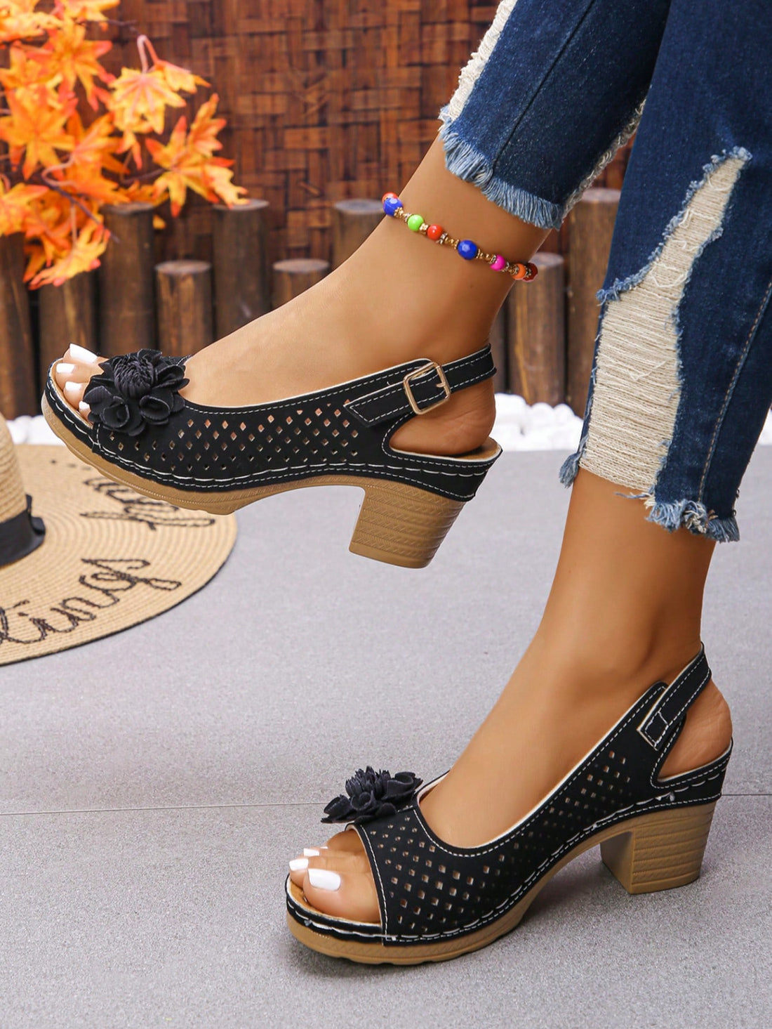 Women's hollow flower decor slingback sandals with chunky mid heel, buckle strap, studded accents, and geometric cutout design